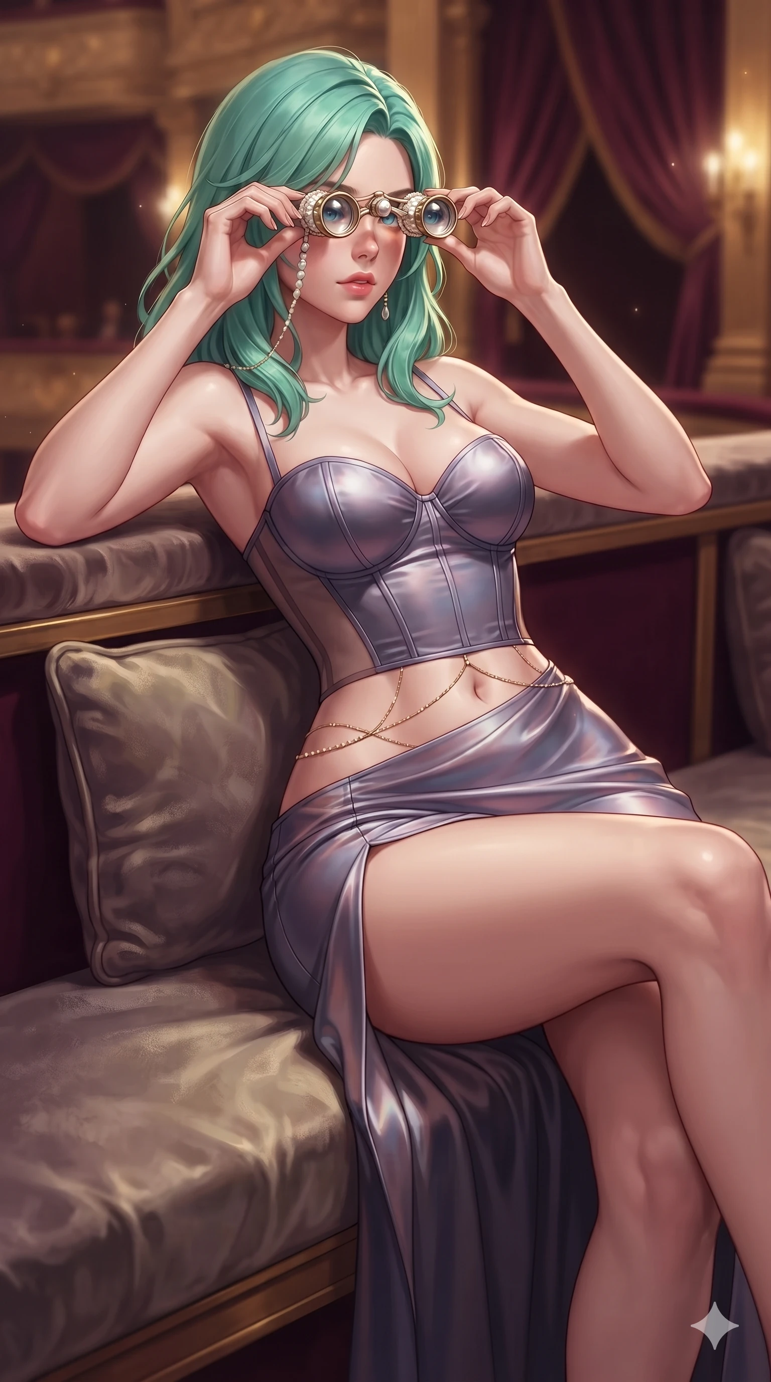 score_9, masterpiece, best quality, ultra-detailed, high-budget anime keyframe, semi-realistic 3D game render, editorial fashion photography, tasteful artistic composition, Japanese woman. close-up cowboy shot from the waist and thighs up, the character dominates the composition, filling the frame with her large presence. perched sideways on the lounge seat, one knee drawn up to showcase her slender leg line while her arched back accentuates her feminine hip curve while leaning against the velvet-cushioned box balustrade with hips cocked back, looking through pearl opera glasses with intoxicating, teasing bedroom-eyes. The composition keeps background elements in soft focus with creamy bokeh: velvet-draped royal box ambience softened in private opera loge shallow focus. She has an exceptionally elegant, slender, and willowy female figure with an ultra-slim waist, flat toned midriff, narrow ribcage, and sculpted feminine hips creating an alluring, slim hourglass silhouette without bulk. sharp v-shaped jawline, high-bridge nose, intricate jewel-like eyes with depth, thick eyelashes, glossy parted lips with a natural sheen, intensely captivating and seductive bedroom-eyes expression, flawlessly proportioned anatomical accuracy, strict slender model proportions, natural body alignment, perfectly sculpted long slender limbs, ultra-slim waistline, clean dynamic posture without body distortion. wearing a form-fitting corseted satin bustier evening gown with sheer side waist panels and dramatic leg slit in Highland heather violet and slate granite, tailored from ultra-smooth duchess satin with a pearlescent sheen, accented with a dainty gold belly chain resting across her flat midriff and curving hips, the liquid-tight tailored fabric clinging flawlessly to her narrow waist and rounded feminine hips, emphasizing every millimeter of her sculpted slim hourglass curves without any bulky heaviness. illuminated by gilded wood reflection bounce and sharp starlight-gold rim lights defining her jawline, narrow waist, and curvy hips. highly saturated vibrant anime colors, detailed shading with soft gradients, rich glossy textures, high-contrast stereoscopic depth, volumetric dynamic lighting, master piece, 9:16 ratio
