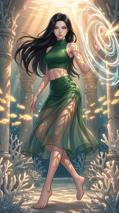 score_9, masterpiece, best quality, ultra-detailed, high-budget anime keyframe, editorial fashion photography, tasteful artistic composition, realistic cosplay photography, Korean woman. low angle full-body shot from head to toe showing her feet, fil