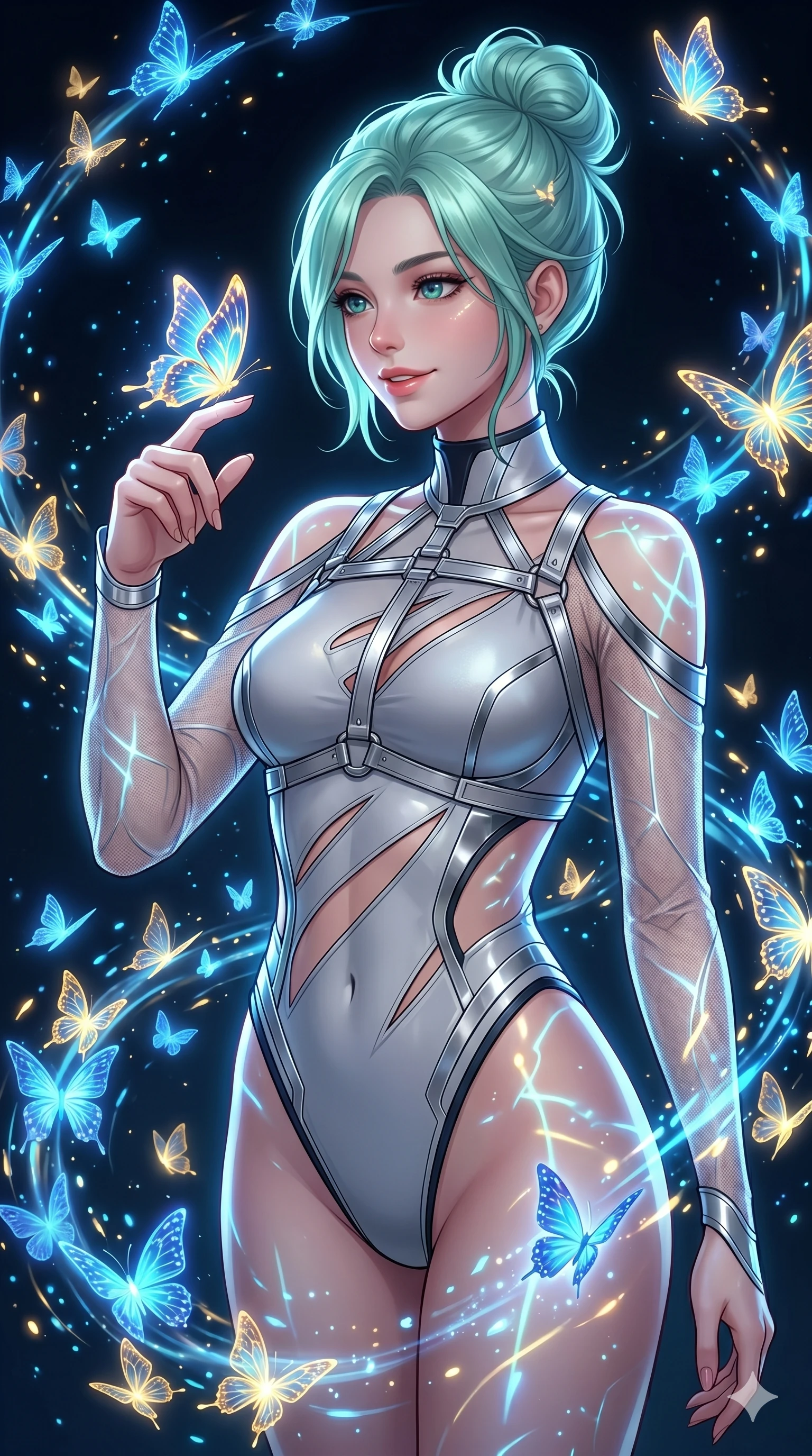 score_9, masterpiece, best quality, ultra-detailed, high-budget anime keyframe, Japanese woman. Upper body close-up from the thighs up, character filling the screen for maximum presence. She is surrounded by thousands of glowing digital butterflies that orbit her body. She reaches out to let one land on her finger, looking at it with a soft, captivating smile. She has an absolutely perfect 8-heads proportion, an exceptionally tall and slender female figure with impossibly long slender legs and an ultra-slim waist. V-shaped jawline, high-bridge nose, intricate jewel-like eyes with depth, thick eyelashes, glossy lips with a natural sheen. She is wearing an ultra-sleek high-cut tech-bodysuit featuring dangerous diagonal slitted cutouts on the midriff and shoulders, reinforced by a metallic silver harness and sheer mesh sleeves. The scene is lit by brilliant blue and gold light from the butterflies and a sharp side key light. 2k, ultra detail, master piece, 9:16 ratio