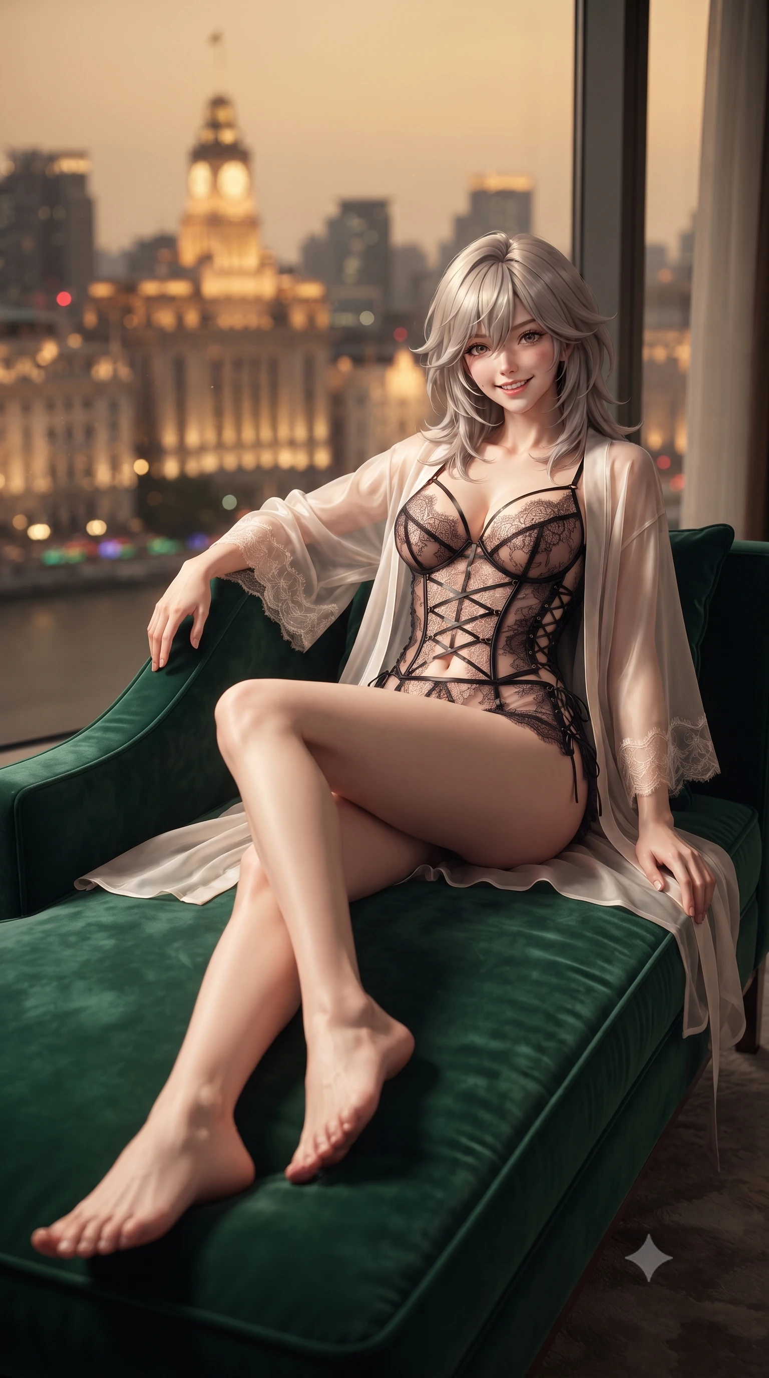 score_9, masterpiece, best quality, ultra-detailed, high-budget anime keyframe, editorial fashion photography, tasteful artistic composition, Japanese woman. low angle full-body shot from head to toe showing her feet, filling the entire 9:16 vertical frame with her statuesque presence, stretching her vertical silhouette. lounging on the lavish daybed with legs crossed and hips angled toward the camera, displaying her toned midriff and long slender limbs with effortless siren poise while reclining gracefully across the emerald silk velvet chaise lounge propped on one elbow, displaying her long slender limbs and statuesque hourglass silhouette with sovereign supermodel poise. The background shows a soft-focus glittering neon skyscrapers of Lujiazui, historic colonial stone clocktowers of The Bund, and dark river waters blurred into ruby, electric topaz, and jade bokeh. She has an exceptionally tall and slender model-like 8.5-heads proportion, an ultra-slim waist, a flat toned midriff, narrow delicate ribcage, and beautifully sculpted feminine hips creating a graceful, slim hourglass silhouette without any bulky heaviness, with impossibly long slender legs. sharp v-shaped jawline, high-bridge nose, intricate jewel-like sparkling eyes with depth, thick eyelashes, glossy parted lips with a natural peach sheen, bright cheerful beaming smile with an enchanting and coquettish sensual glint, exuding both youthful cute charm and seductive allure, flawlessly proportioned anatomical accuracy, strict slender model proportions, natural body alignment, perfectly sculpted long slender limbs, ultra-slim waistline, clean dynamic posture without body distortion. wearing a translucent gossamer silk robe with wide kimono sleeves worn open over a strappy satin demi-bustier and micro-shorts in Kyoto moonlit sakura blush and polished urushi black, made of delicate semi-sheer French Chantilly lace with intricate eyelash edges, featuring fine criss-cross lace-up side ties revealing tantalizing glimpses of her hip curve, the precision-cut side openings and low-back scoop framing her graceful spine and the sensual sweep of her slim, toned hips. bathed in the warm golden 2500K glow of vintage amber glass sconces mixed with electric crimson and sapphire city lights spilling through glass. ultra-reflective glossy finish, specular highlights, rich textural contrasts, high-contrast stereoscopic depth, volumetric dynamic lighting, 2k, ultra detail, master piece, 9:16 ratio