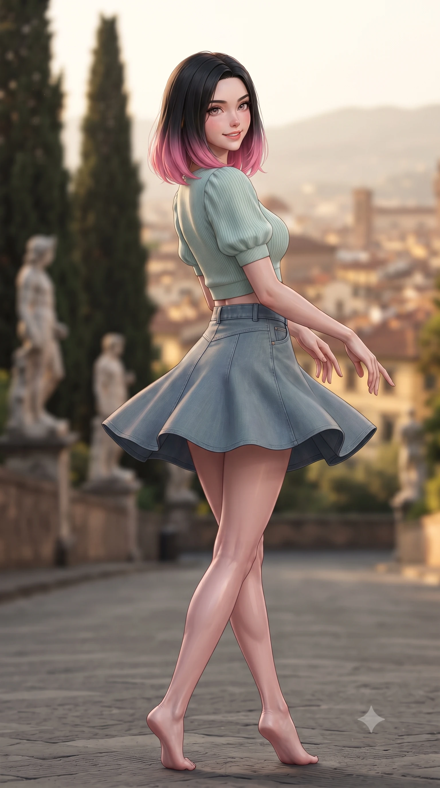 score_9, masterpiece, best quality, ultra-detailed, high-budget anime keyframe, editorial fashion photography, tasteful artistic composition, Korean woman. low angle full-body shot from head to toe showing her feet, filling the entire 9:16 vertical frame with her statuesque presence, stretching her vertical silhouette. executing a cheerful mid-motion pivot turn as her skirt flutters around her slender legs, glancing over her shoulder with an intoxicating, teasing cute expression while descending the grand hillside avenue lined with towering dark cypress trees, arching her back with sovereign supermodel poise and a warm smile. The composition keeps background elements in soft focus with dreamy creamy bokeh. towering dark cypress spires, classical marble statues, and sun-drenched terracotta Florence rooftops blurred into olive, terracotta, and golden bokeh. She has an exceptionally tall and slender model-like 8.5-heads proportion, an ultra-slim waist, a flat toned midriff, narrow delicate ribcage, and beautifully sculpted feminine hips creating a graceful, slim hourglass silhouette without any bulky heaviness, with impossibly long slender legs. sharp v-shaped jawline, high-bridge nose, intricate jewel-like sparkling eyes with depth, thick eyelashes, glossy parted lips with a natural peach sheen, bright cheerful beaming smile with an enchanting and coquettish sensual glint, exuding both youthful cute charm and seductive allure, flawlessly proportioned anatomical accuracy, strict slender model proportions, natural body alignment, perfectly sculpted long slender limbs, ultra-slim waistline, clean dynamic posture without body distortion. wearing an off-shoulder puff-sleeve crop blouse with a tight high-waisted denim A-line mini skirt emphasizing her curvy hips in refreshing mint green and soft vanilla cream, formed from supple second-skin stretch ribbed knit clinging to her form, finished with subtle ruffle trims and delicate pearl buttons, the form-contouring cut accentuating her sculpted flat midriff, narrow delicate ribcage, and gracefully curvy hips with supermodel precision. illuminated by warm terracotta wall bounce fill sharply sculpting her razor-sharp jawline, narrow waist, and curvy hips. ultra-reflective glossy finish, specular highlights, rich textural contrasts, high-contrast stereoscopic depth, volumetric dynamic lighting, 2k, ultra detail, master piece, 9:16 ratio