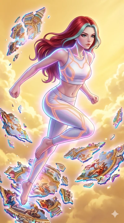 score_9, masterpiece, best quality, ultra-detailed, high-budget anime keyframe, Caucasian woman, strictly human ears. upper body close-up from the thighs up, character filling the screen for maximum presence. propelling herself off digital baroque ce