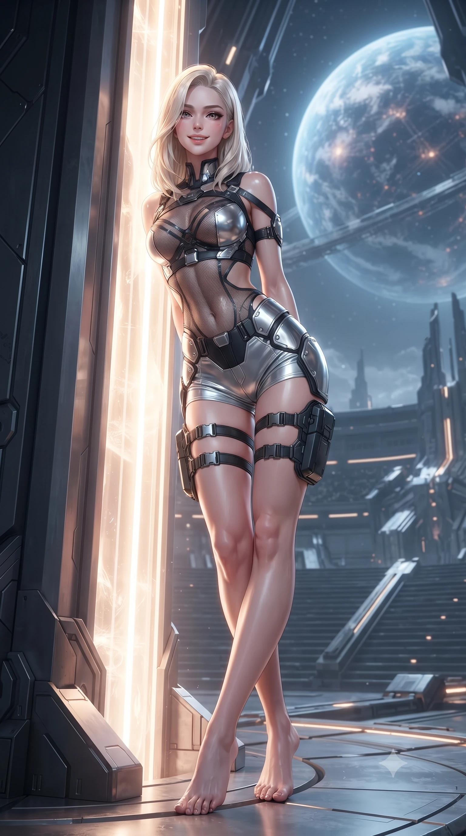 score_9, masterpiece, best quality, ultra-detailed, high-budget anime keyframe, editorial fashion photography, tasteful artistic composition, Caucasian woman. low angle full-body shot from head to toe showing her feet, filling the entire 9:16 vertical frame with her statuesque presence, stretching her vertical silhouette. leaning deep against the glowing energy conduit with hips cocked back in an unapologetically alluring high-fashion stance, flashing a warm beaming smile while standing in the center of the semicircular amphitheater beneath a colossal floating planetary matrix, arching her spine with sovereign authority. The surrounding environment is rendered in vivid detail and crisp panoramic clarity: detailed tailored suit texture, digital data reflections on skin, and monumental government architecture in razor-sharp precision. She has an absolutely perfect, statuesque 8.5-heads proportion, an exceptionally tall and slender model-like female figure with impossibly long slender legs, an ultra-slim waist, a flat toned midriff, narrow delicate ribcage, and beautifully sculpted feminine hips creating a graceful, slim hourglass silhouette without any bulky heaviness. sharp v-shaped jawline, high-bridge nose, intricate jewel-like sparkling eyes with depth, thick eyelashes, glossy parted lips with a natural sheen, bright confident smile with an enchanting and coquettish sensual glint, exuding both youthful magnetic charm and sovereign high-tech allure, flawlessly proportioned anatomical accuracy, strict slender model proportions, natural body alignment, perfectly sculpted long slender limbs, ultra-slim waistline, clean dynamic posture without body distortion. wearing a high-tech mechanic crop top with asymmetric shoulder straps paired with ultra-fitted tactical hot-pants and thigh holsters in liquid chrome silver and pitch black, crafted from sheer technical cyber-lace reinforced with ultra-thin Kevlar threads, accented with strategically placed chrome armor plate guards covering key curves, the high-waisted tailoring accentuating her ultra-slim waistline and the enchanting curve of her feminine hips with alluring dark charm. illuminated by under-floor uplighting and sharp champagne rim lighting sculpting her razor-sharp jawline, narrow waist, and curvy hips. ultra-reflective glossy finish, specular highlights, rich textural contrasts, high-contrast stereoscopic depth, volumetric dynamic lighting, 2k, ultra detail, master piece, 9:16 ratio