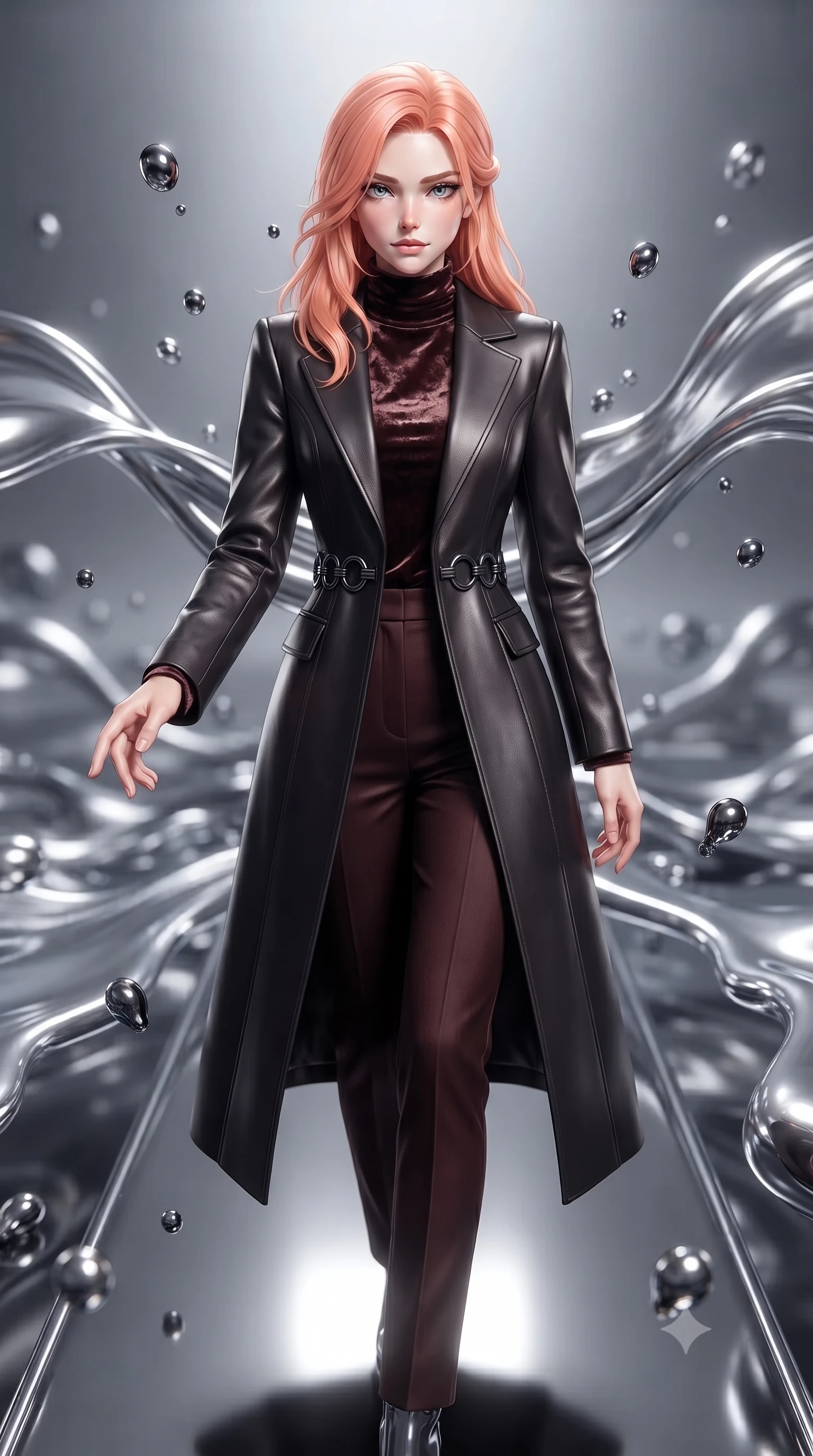 score_9, masterpiece, best quality, ultra-detailed, high-budget anime keyframe, editorial fashion photography, tasteful artistic composition, Japanese woman. close-up cowboy shot from the waist and thighs up, the character dominates the composition, filling the frame with her large presence, background elements kept in soft focus. Reaching one hand toward the viewer with relaxed dark elegance, walking across a reflective dark chrome walkway surrounded by flowing liquid silver, dark chrome droplets hovering gracefully in zero gravity. She has an exceptionally elegant, slender, and willowy female figure with an ultra-slim waist, a gracefully sculpted slender torso, and a refined silhouette. sharp v-shaped jawline, high-bridge nose, intricate jewel-like eyes with depth, thick eyelashes, glossy lips with a natural sheen. wearing structured dark leather long coat over turtleneck and tailored slacks in dark mahogany, made of crushed dark silk velvet, trimmed with dark chrome ring hardware along the waist contours, contouring every curve with an exceptionally elegant silhouette. illuminated by ultra-bright specular highlights reflecting off dark liquid mercury. ultra-reflective glossy finish, specular highlights, metallic sheen, high-contrast stereoscopic depth, volumetric dynamic lighting, 2k, ultra detail, master piece, 9:16 ratio