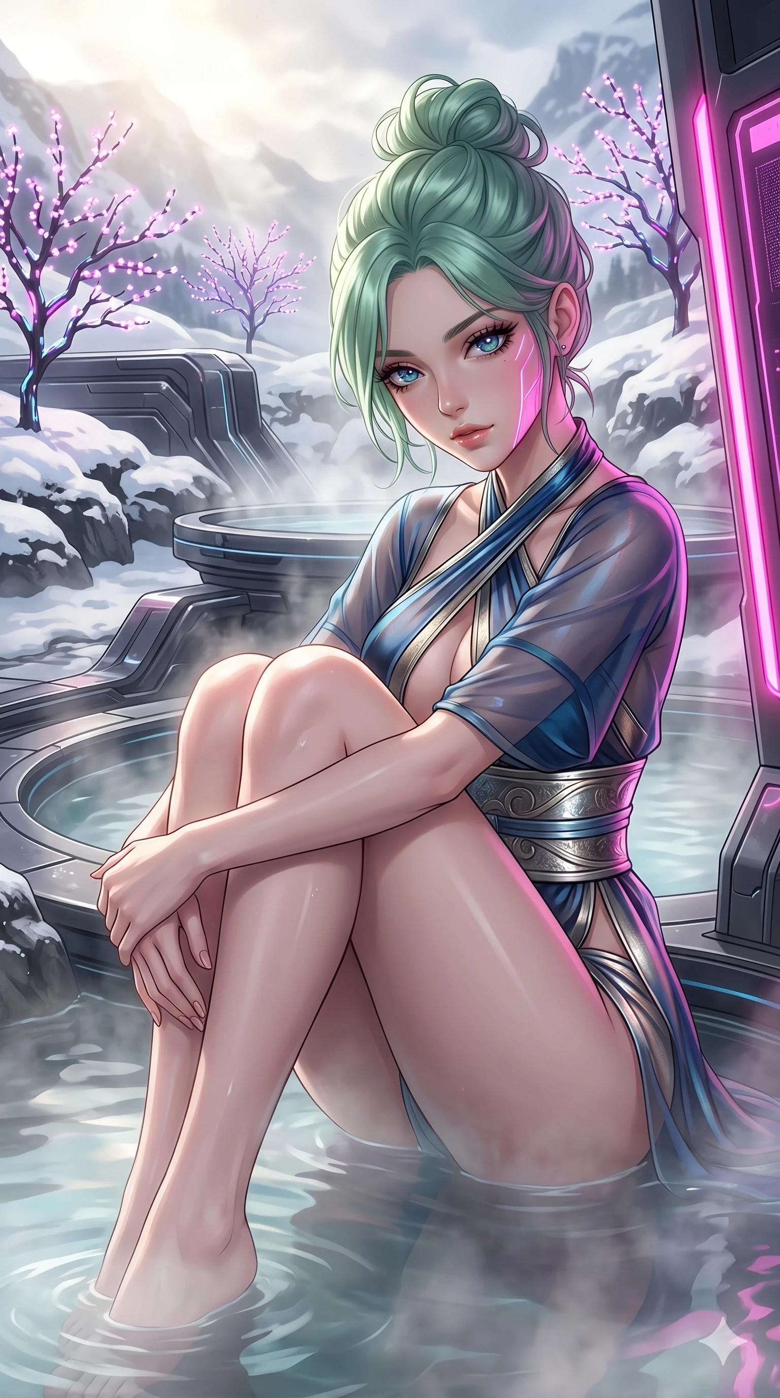 score_9, masterpiece, best quality, ultra-detailed, high-budget anime keyframe, Japanese woman. Upper body close-up from the thighs up, character filling the screen for maximum presence. She is relaxing in a futuristic geothermal hot spring surrounded by snow and neon cherry trees. She wraps her arms around her knees, looking over her shoulder with bedroom eyes. She has an absolutely perfect 8-heads proportion, an exceptionally tall and slender female figure with impossibly long slender legs and an ultra-slim waist. V-shaped jawline, high-bridge nose, intricate jewel-like eyes with depth, thick eyelashes, glossy lips with a natural sheen. She is wearing a shortened cyber-fusion wrap top with transparent chiffon panels, a deep crossover neckline, and a high-waisted metallic sash that accentuates her ultra-slim waist. The scene is bathed in soft morning sun filtering through dense steam and a sharp pink neon key light. 2k, ultra detail, master piece, 9:16 ratio