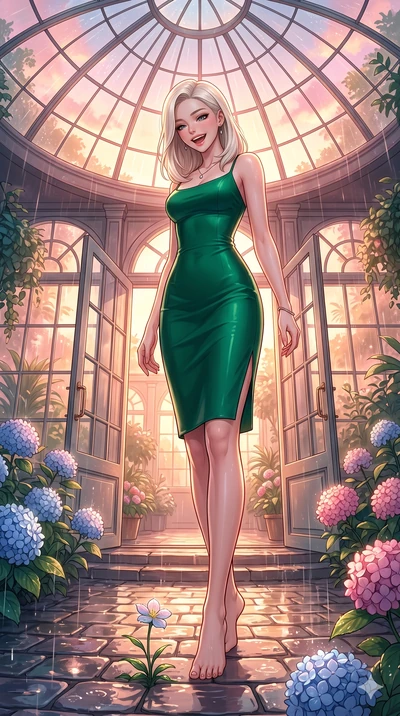 score_9, masterpiece, best quality, ultra-detailed, high-budget anime keyframe, vibrant anime aesthetic, Caucasian woman, strictly human ears. low angle full-body shot from head to toe showing her feet, filling the entire 9:16 vertical frame with her