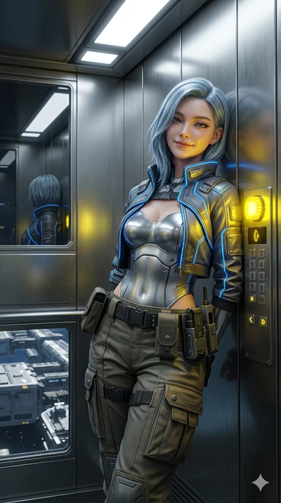 score_9, masterpiece, best quality, ultra-detailed, high-budget anime keyframe, semi-realistic 3D game render, Korean woman. Upper body close-up from the thighs up, character filling the screen for maximum presence. Standing in an orbital cargo eleva