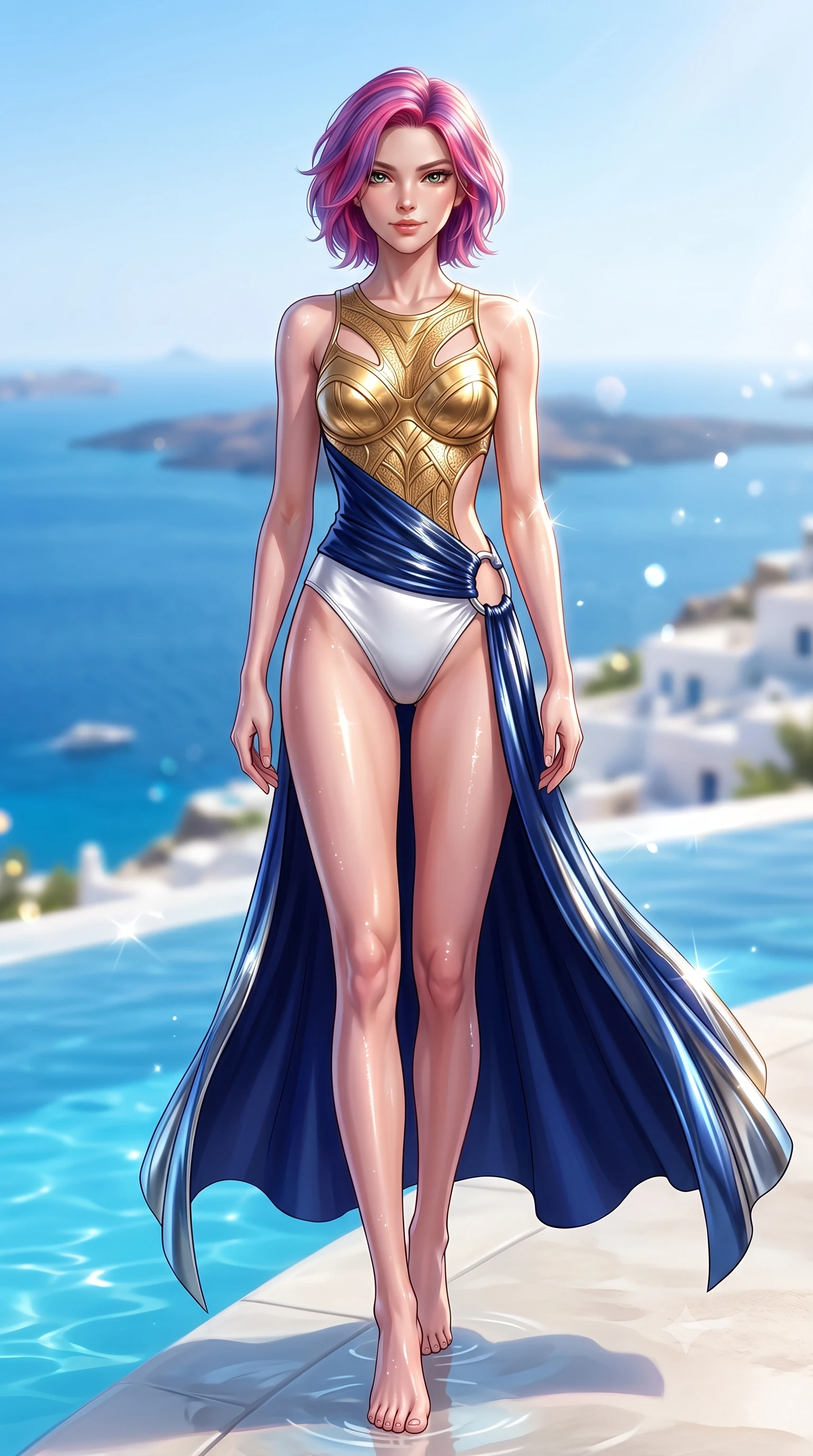 score_9, masterpiece, best quality, ultra-detailed, high-budget anime keyframe, semi-realistic 3D game render, editorial fashion photography, tasteful artistic composition, Caucasian woman. low angle full-body shot from head to toe showing her feet, filling the entire 9:16 vertical frame with her statuesque presence, stretching her vertical silhouette. striding forward in a proud, statuesque motion with a dangerous smolder, her vertical silhouette dominating the frame from head to toe while resting her elbows on the infinity pool edge with an alluring, sun-kissed smile looking directly into the lens. The composition keeps background elements in soft focus with creamy bokeh. brilliant Mediterranean sunlight scattering bright specular highlights across a soft-focus backdrop. She has an absolutely perfect, statuesque 8.5-heads proportion, an exceptionally tall and slender model-like female figure with impossibly long slender legs, a toned flat midriff, and an ultra-slim waist. sharp v-shaped jawline, high-bridge nose, intricate jewel-like eyes with depth, thick eyelashes, glossy lips with a natural sheen, flawlessly proportioned anatomical accuracy, strict slender model proportions, natural body alignment, perfectly sculpted long slender limbs, ultra-slim waistline, clean dynamic posture without body distortion. wearing a sculpted golden breastplate bodice paired with high-cut white satin briefs and a fluid draped side skirt in deep royal navy blue and specular chrome, made of liquid metal jersey that clings flawlessly to every contour of her build, detailed with polished silver rings connecting the daring side-waist cutouts, the glove-like aerodynamic second-skin fit tightly clinging to her ultra-slender waist and athletic curves without adding bulk, accentuating her razor-sharp statuesque lines and slim hourglass silhouette. illuminated by clear sky fill light and sparkling specular highlights tracing her slender curves. highly saturated vibrant anime colors, detailed shading with soft gradients, rich glossy textures, high-contrast stereoscopic depth, volumetric dynamic lighting, master piece, 9:16 ratio