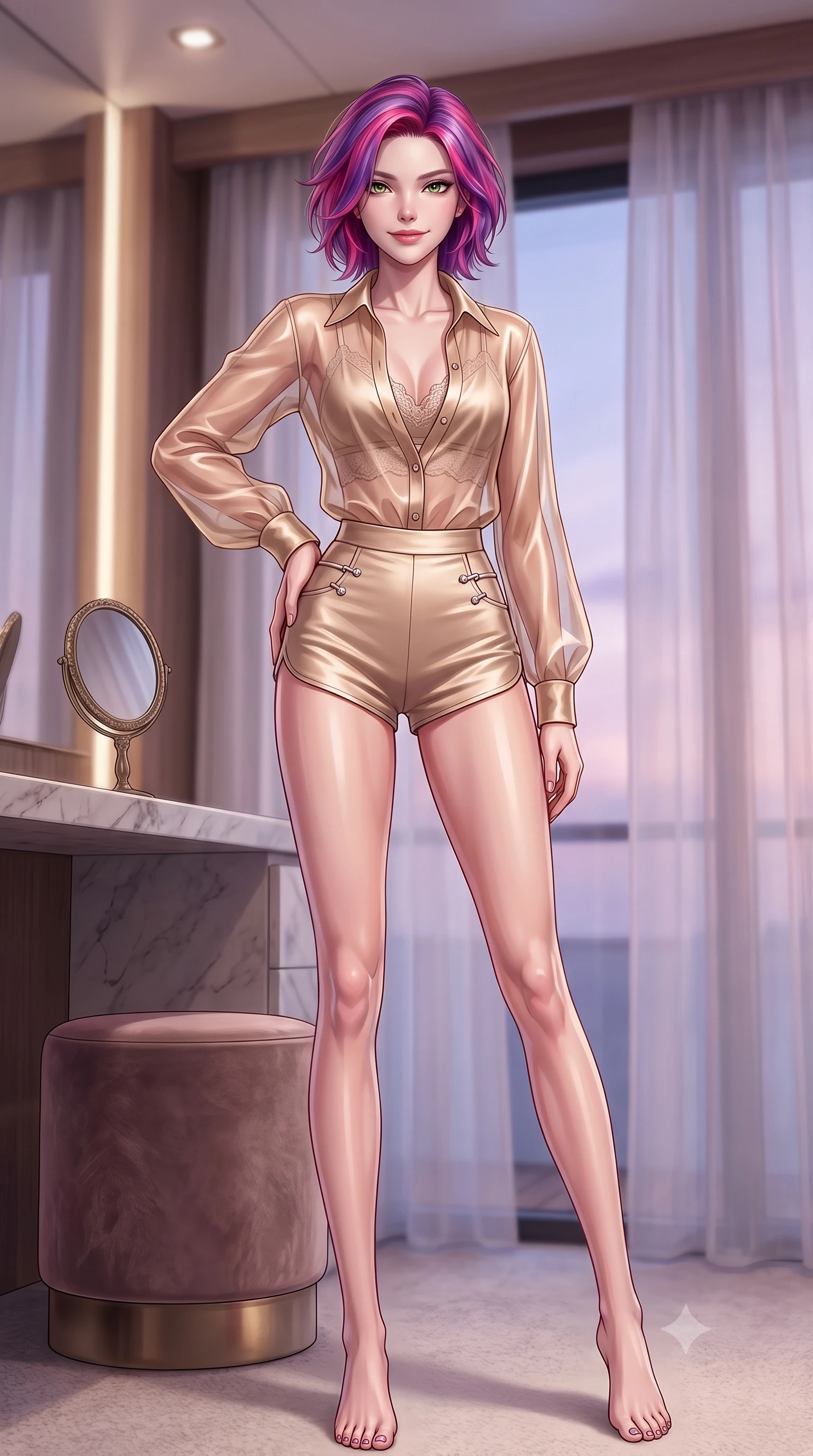 score_9, masterpiece, best quality, ultra-detailed, high-budget anime keyframe, editorial fashion photography, tasteful artistic composition, Caucasian woman. low angle full-body shot from head to toe showing her feet, filling the entire 9:16 vertical frame with her statuesque presence, stretching her vertical silhouette. standing in a captivating power pose with her back slightly arched, resting one hand near her hip with a magnetic smile set against a soft-focus background of inside an exclusive yacht cabin with a velvet-wrapped stool and an antique hand mirror resting on a marble counter. She has an absolutely perfect, statuesque 8.5-heads proportion, an exceptionally tall and slender model-like female figure with impossibly long slender legs and an ultra-slim waist. sharp v-shaped jawline, high-bridge nose, intricate jewel-like eyes with depth, thick eyelashes, glossy lips with a natural sheen. wearing body-hugging warm beige liquid satin sheer organza button-up shirt worn over a lace-accented crop top and high-cut mini shorts accented with delicate silver hardware. softened by diffused twilight glow filtering through sheer chiffon window curtains. highly saturated vibrant anime colors, detailed shading with soft gradients, rich glossy textures, high-contrast stereoscopic depth, volumetric dynamic lighting, master piece, 9:16 ratio