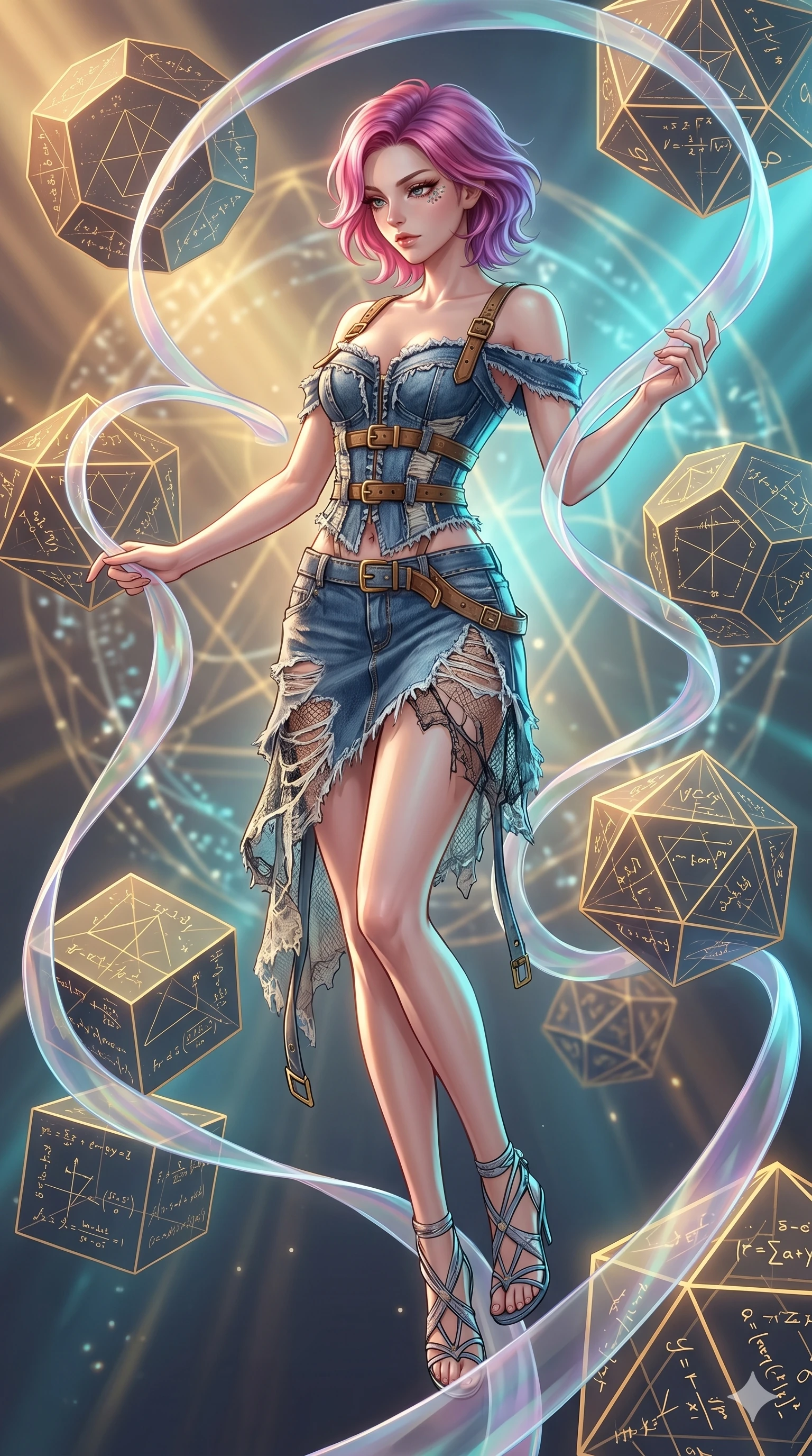 score_9, masterpiece, best quality, ultra-detailed, high-budget anime keyframe, Japanese woman. low angle full-body shot filling the entire 9:16 frame with her statuesque presence, stretching the vertical silhouette. floating gracefully in a mathematical mandala void filled with golden geometric lines of complex formulas, holding a translucent ribbon as she glides between floating regular polyhedrons. She has an absolutely perfect 8-heads proportion, an exceptionally tall and slender female figure with impossibly long slender legs and an ultra-slim waist. V-shaped jawline, high-bridge nose, intricate jewel-like eyes with depth, thick eyelashes, glossy lips with a natural sheen.. wearing a deconstructed denim corset and an asymmetric ripped denim micro-skirt, showcasing a rugged yet chic off-shoulder style. showcasing a beautiful play of light and shadow, with warm golden rays clashing against cool cyan highlights. 2k, ultra detail, master piece, 9:16 ratio