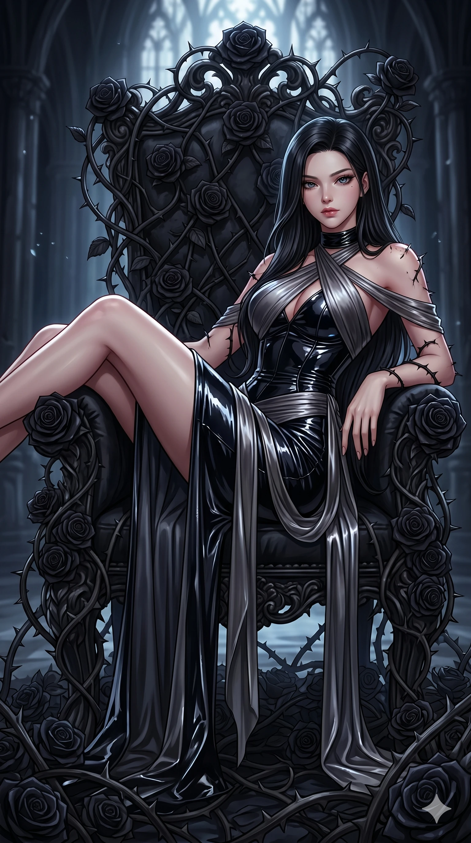 score_9, masterpiece, best quality, ultra-detailed, High-budget Anime Keyframe, East Asian woman. Dynamic full-body shot stretching the vertical silhouette to the limit. Scenario 270: Resting on a throne of black roses, thorns grazing her skin. Her presence is magnetic and overpowering in this high-budget anime scene. Outfit 270: A patent leather decorative silk bands with a artistically draped detail and wet-look texture. The clothing is designed to emphasize her exceptionally tall and slender 8-heads proportion. 8-heads proportion, towering silhouette, ultra-slim waist. sharp v-shaped jawline, intricate jewel-like eyes with depth, thick eyelashes, glossy lips. 2k, ultra detail, master piece, 9:16 ratio