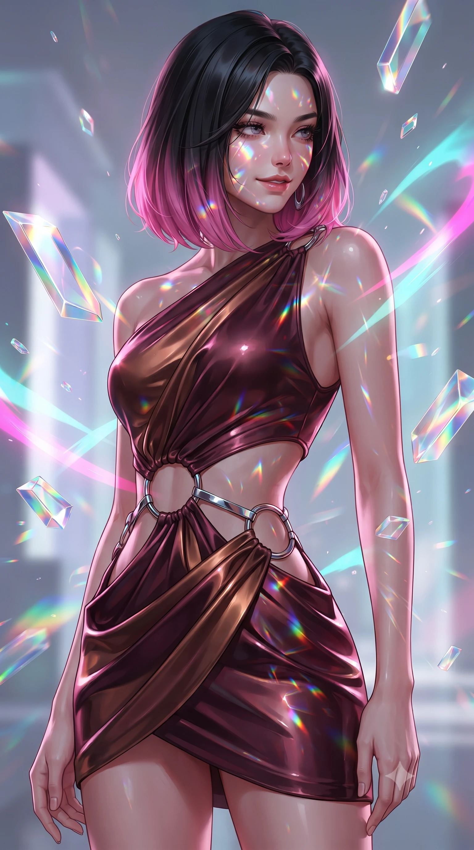 score_9, masterpiece, best quality, ultra-detailed, high-budget anime keyframe, editorial fashion photography, tasteful artistic composition, Korean woman. close-up cowboy shot from the waist and thighs up, the character dominates the composition, filling the frame with her large presence, background elements kept in soft focus. Glancing sidelong over her shoulder with a smoldering half-smile and heavy lashes interacting with floating glass prisms that refract liquid light into rainbows, glowing neon brushstrokes floating poetically around her silhouette. She has an exceptionally elegant, slender, and willowy female figure with an ultra-slim waist, a gracefully sculpted slender torso, and a refined silhouette. sharp v-shaped jawline, high-bridge nose, intricate jewel-like eyes with depth, thick eyelashes, glossy lips with a natural sheen. wearing a dramatic open-waist cutout mini dress framed by sculptural hardware in deep burgundy and bronze, crafted from lustrous satin jersey with fluid draping, accented with delicate chrome ring hardware framing her waist, the form-contouring material highlighting her ultra-slim waist and long lines. surrounded by a radiant glow of magenta and aqua fluid highlights. ultra-reflective glossy finish, specular highlights, metallic sheen, high-contrast stereoscopic depth, volumetric dynamic lighting, 2k, ultra detail, master piece, 9:16 ratio