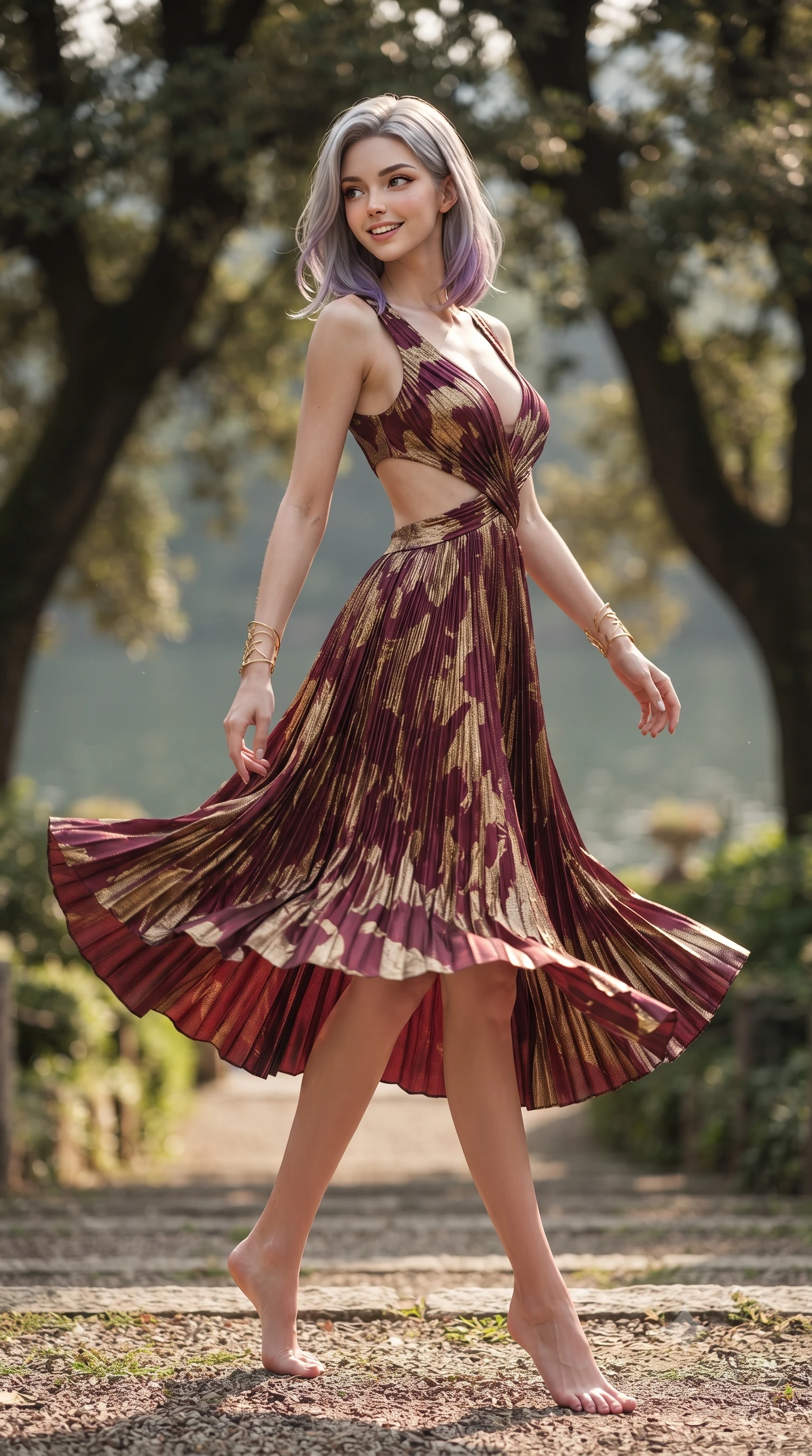 score_9, masterpiece, best quality, ultra-detailed, high-budget anime keyframe, editorial fashion photography, tasteful artistic composition, Caucasian woman. low angle full-body shot from head to toe showing her feet, filling the entire 9:16 vertical frame with her statuesque presence, stretching her vertical silhouette. posing in a classic haute-couture S-curve stance beside the floor-to-ceiling window, looking over a bare shoulder with magnetic presence while walking slowly down the terraced garden path beneath sculpted holm oaks, turning with supermodel rhythm as her high-slit skirt flutters. The background shows a soft-focus ancient sculpted oak trees softened in romantic Italian high-society shallow focus. She has an exceptionally tall and slender model-like 8.5-heads proportion, an ultra-slim waist, a flat toned midriff, narrow delicate ribcage, and beautifully sculpted feminine hips creating a graceful, slim hourglass silhouette without any bulky heaviness, with impossibly long slender legs. sharp v-shaped jawline, high-bridge nose, intricate jewel-like sparkling eyes with depth, thick eyelashes, glossy parted lips with a natural peach sheen, bright cheerful beaming smile with an enchanting and coquettish sensual glint, exuding both youthful cute charm and seductive allure, flawlessly proportioned anatomical accuracy, strict slender model proportions, natural body alignment, perfectly sculpted long slender limbs, ultra-slim waistline, clean dynamic posture without body distortion. wearing a cut-out liquid jersey resort dress with geometric side-waist openings and a plunging sweetheart neckline in Italian baroque bordeaux wine and antique gilded gold, crafted from delicate pleated metallic lamé catching dynamic light with every step, accented with delicate golden wrist cuffs reflecting warm chandelier light, the second-skin tailored fabric adhering flawlessly to her sculpted flat midriff and slender torso, emphasizing her long leg lines and perfectly proportioned willowy build. illuminated by lake water specular reflection fill and warm honey-gold rim lights defining her razor-sharp jawline, narrow waist, and curvy hips. ultra-reflective glossy finish, specular highlights, rich textural contrasts, high-contrast stereoscopic depth, volumetric dynamic lighting, 2k, ultra detail, master piece, 9:16 ratio