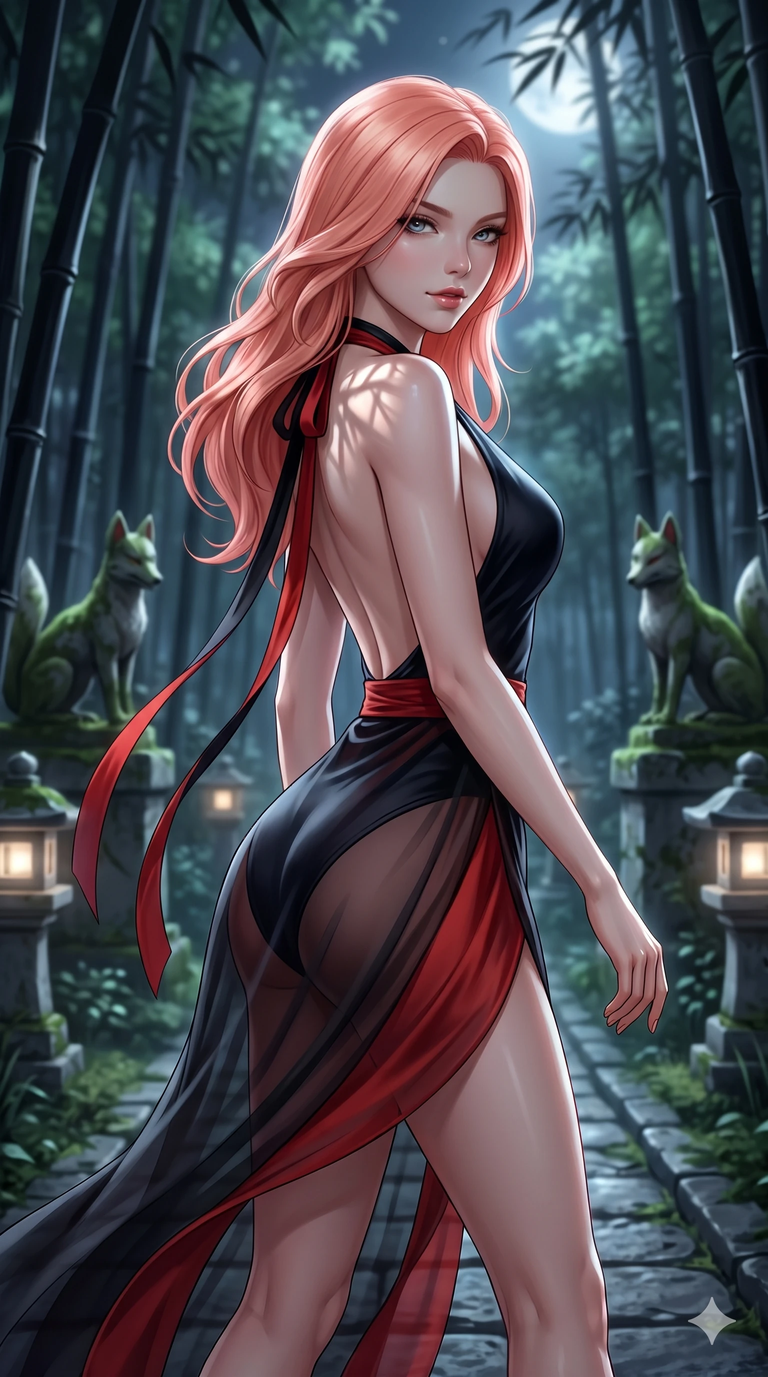 score_9, masterpiece, best quality, ultra-detailed, high-budget anime keyframe, semi-realistic 3D game render, editorial fashion photography, tasteful artistic composition, Japanese woman. close-up cowboy shot from the waist and thighs up, the character dominates the composition, filling the frame with her large presence. leaning forward while arching her lower back to accentuate her curvy hips, looking into the camera with an intoxicating smoldering gaze and bedroom-eyes while stepping forward along the stone path with hypnotic grace, hips swaying in an alluring sensual rhythm that accentuates her curvy silhouette. The background shows a soft-focus towering black bamboo stalks, moss-covered kitsune fox statues, and stone pathway lanterns blurred into jade, silver, and slate bokeh. She has an exceptionally elegant, slender, and willowy female figure with an ultra-slim waist, flat toned midriff, narrow ribcage, and sculpted feminine hips creating an alluring, slim hourglass silhouette without bulk. sharp v-shaped jawline, high-bridge nose, sparkling eyes with hypnotic seductive depth, thick curled eyelashes, glossy parted lips with a natural dewy peach sheen, alluring bedroom-eyes with an enchanting coquettish smile, exuding magnetic siren charisma and sophisticated glamour, flawlessly proportioned anatomical accuracy, strict slender model proportions, natural body alignment, perfectly sculpted long slender limbs, ultra-slim waistline, clean dynamic posture without body distortion. wearing a liquid-tight backless silk halter leotard styled with a sheer wrap overskirt revealing her hip curve in midnight obsidian black and rich cinnabar red, tailored from heavy double-faced silk faille with an exceptionally fluid drape, finished with long silk ribbon ties fluttering down her bare spine from a backless halter, the liquid-tight tailored fabric clinging flawlessly to her narrow waist and rounded feminine hips, emphasizing every millimeter of her sculpted slim hourglass curves without any bulky heaviness. bathed in crisp silver moonlight filtering down through dense bamboo canopies creating intricate linear shadows. highly saturated vibrant anime colors, detailed shading with soft gradients, rich glossy textures, high-contrast stereoscopic depth, volumetric dynamic lighting, master piece, 9:16 ratio
