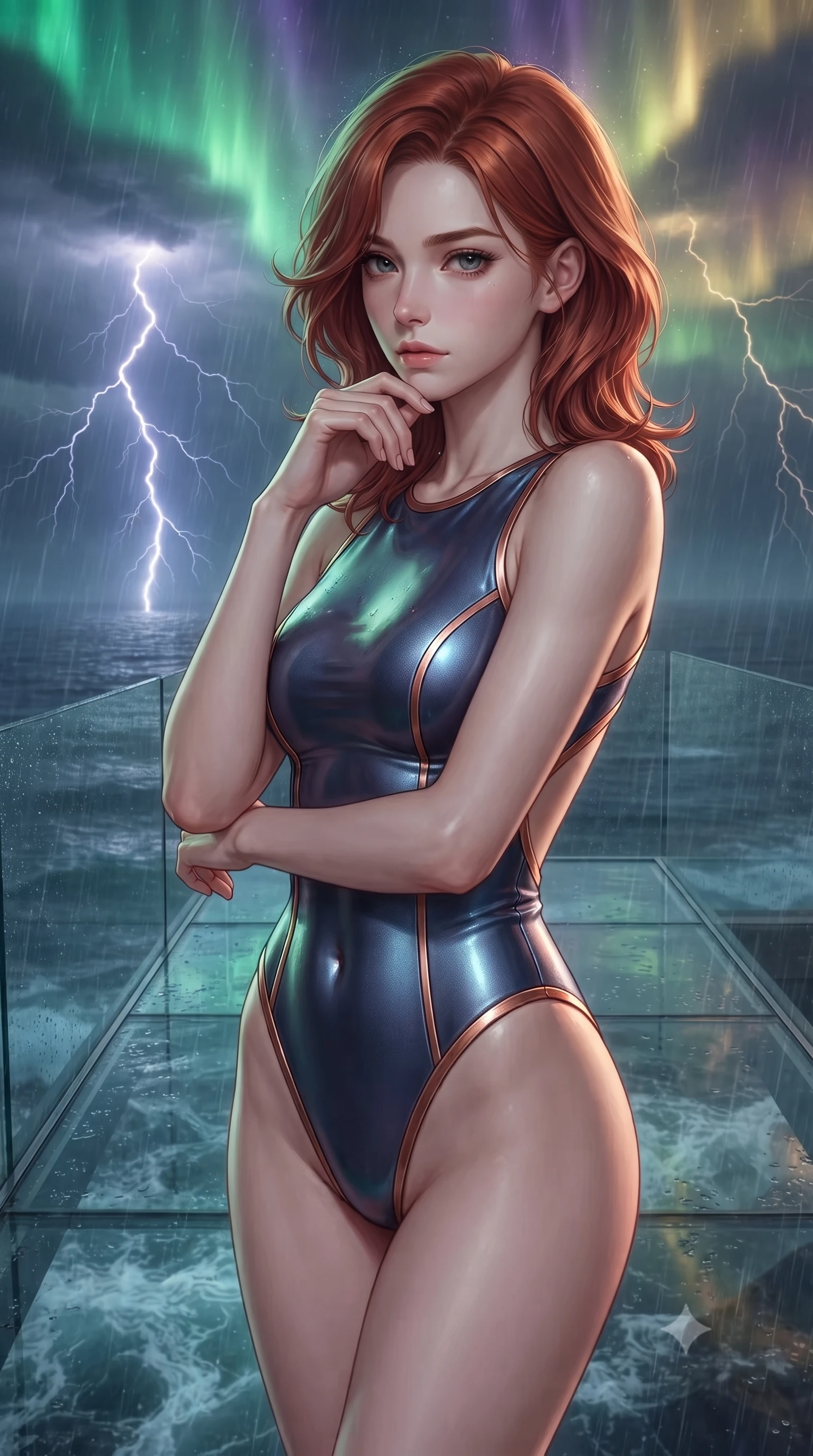 score_9, masterpiece, best quality, ultra-detailed, high-budget anime keyframe, editorial fashion photography, tasteful artistic composition, Korean woman. close-up cowboy shot from the waist and thighs up, the character dominates the composition, filling the frame with her large presence, background elements kept in soft focus. Resting her chin on the backs of her fingers in a confident pose. set against a soft-focus background of standing on translucent glass cliffs during a violent thunderstorm with forked lightning splitting the dark sky rain hammering the glass surface and the churning ocean visible far below through the transparent rock. She has an exceptionally elegant and slender, willowy female figure with an ultra-slim waist, a gracefully sculpted slender torso, and a refined slim physique. sharp v-shaped jawline, high-bridge nose, intricate jewel-like eyes with depth, thick eyelashes, glossy lips with a natural sheen. wearing a one-piece style bodysuit in metallic navy with copper trim, featuring high-cut legs and an open-back design. illuminated by a shifting aurora palette of green violet and gold from above. 2k, ultra detail, master piece, 9:16 ratio