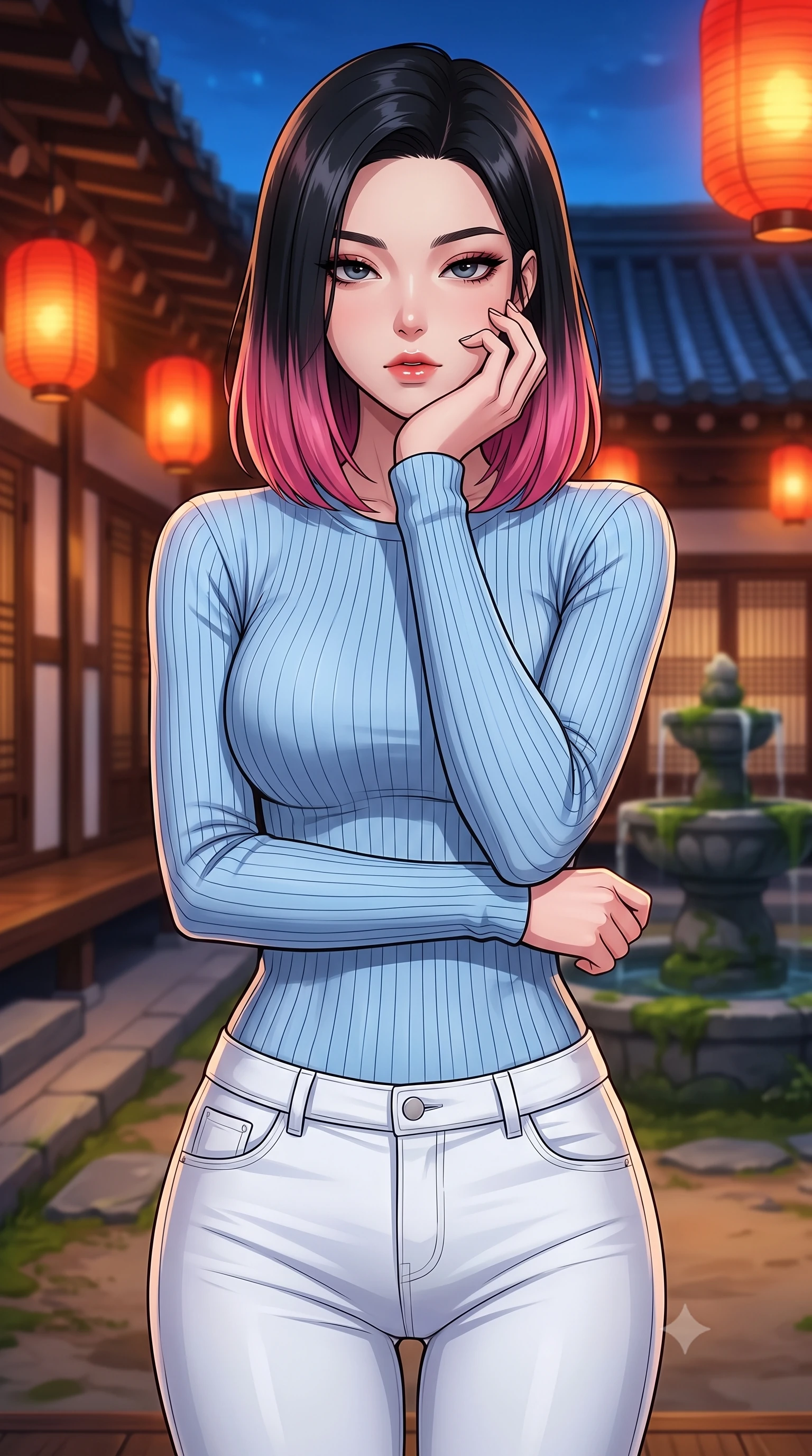 score_9, masterpiece, best quality, ultra-detailed, high-budget anime keyframe, tasteful artistic composition, Korean woman. close-up cowboy shot from the waist and thighs up, the character dominates the composition, filling the frame with her large presence, background elements kept in soft focus. resting her chin on the backs of her fingers, casting a heavy-lidded, sultry look past the camera the background shows a soft-focus a traditional inn courtyard with hanging red lanterns and a stone fountain. She has an exceptionally elegant, slender, and willowy female figure with an ultra-slim waist, a gracefully sculpted slender torso, and a refined silhouette. sharp v-shaped jawline, high-bridge nose, intricate jewel-like eyes with depth, thick eyelashes, glossy lips with a natural sheen. wearing a form-contouring body-hugging light blue ribbed long-sleeve top paired with tight white denim pants. warm amber lantern light contrasting with the cool blue midnight sky. highly saturated vibrant anime colors, cel-shading, 2d style, master piece, 9:16 ratio