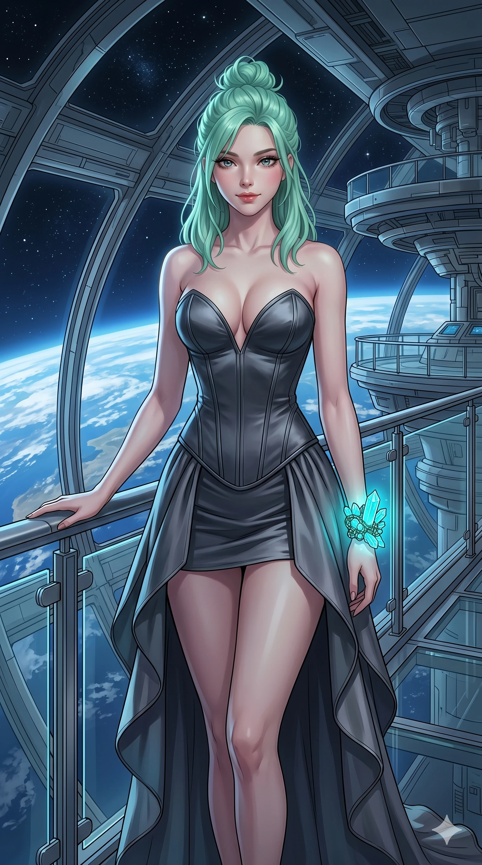 score_9, masterpiece, best quality, ultra-detailed, high-budget anime keyframe, editorial fashion photography, tasteful artistic composition, Japanese woman. cowboy shot from the thighs up, character and outfit filling the frame for maximum editorial presence. resting one hand on the bridge railing, looking at the lens with a bedroom-eyes smile inside a space station observatory deck showing the blue curvature of Earth (Code-P18-143). She has an absolutely perfect 8-heads proportion, an exceptionally tall and slender female figure with impossibly long slender legs and an ultra-slim waist. V-shaped jawline, high-bridge nose, intricate jewel-like eyes with depth, thick eyelashes, glossy lips with a natural sheen. wearing a structured satin corset with a deep sweetheart neckline showing her cleavage. mystical cyan glow from the crystal geodes, creating a strong contrast with the shadow. 2k, ultra detail, master piece, 9:16 ratio