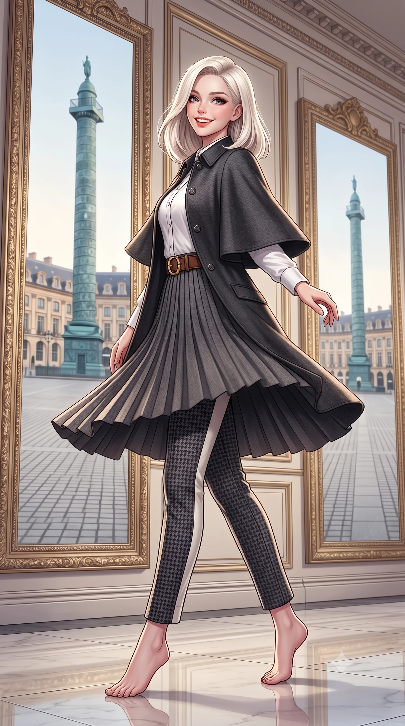 score_9, masterpiece, best quality, ultra-detailed, high-budget anime keyframe, semi-realistic 3D game render, editorial fashion photography, tasteful artistic composition, Caucasian woman. low angle full-body shot from head to toe showing her feet, filling the entire 9:16 vertical frame with her statuesque presence, stretching her vertical silhouette. executing an elegant pivot turn as the hem of her pleated wool skirt sways rhythmically, glancing back with joyful radiance while walking past monumental mirrors reflecting the historic octagonal Place Vendôme square, turning with magnetic high-fashion poise. The surrounding environment is rendered in vivid detail and crisp panoramic clarity: detailed Chanel-inspired pastel tweed jacket weave, braided trim borders, and premier Parisian interior architecture in razor-sharp precision. She has an exceptionally tall and slender model-like 8.5-heads proportion, an ultra-slim waist, a flat toned midriff, narrow delicate ribcage, and beautifully sculpted feminine hips creating a graceful, slim hourglass silhouette without any bulky heaviness, with impossibly long slender legs. sharp v-shaped jawline, high-bridge nose, intricate jewel-like sparkling eyes with depth, thick eyelashes, glossy parted lips with a natural peach sheen, bright cheerful beaming smile with an enchanting and coquettish sensual glint, exuding both youthful cute charm and seductive allure, flawlessly proportioned anatomical accuracy, strict slender model proportions, natural body alignment, perfectly sculpted long slender limbs, ultra-slim waistline, clean dynamic posture without body distortion. wearing an elegant tailored cape coat in brushed wool worn over a crisp white cotton shirt and tailored cigarette pants in classic Savile Row charcoal houndstooth and crisp ivory, crafted from rich cotton velvet with deep light-absorbing pile and soft gradients, finished with a smooth equestrian bridle-leather belt with a polished brass horseshoe buckle, the structured cinched belt emphasizing her narrow waistline and gracefully balanced proportions with timeless haute-couture polish. illuminated by polished marble floor bounce and pristine champagne rim lights defining her razor-sharp jawline and elegant tailored silhouette. highly saturated vibrant anime colors, detailed shading with soft gradients, rich glossy textures, high-contrast stereoscopic depth, volumetric dynamic lighting, master piece, 9:16 ratio