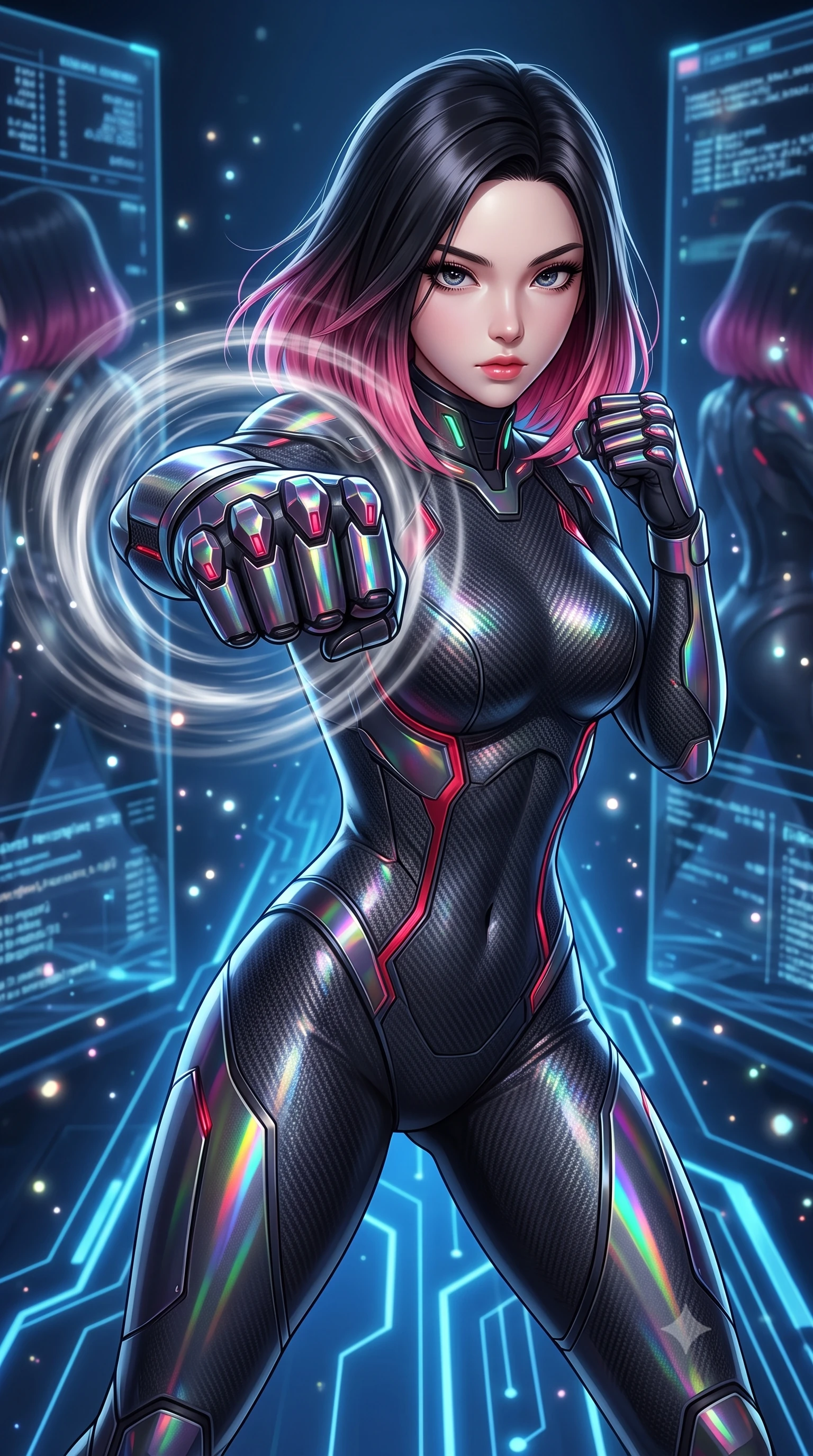 score_9, masterpiece, best quality, ultra-detailed, high-budget anime keyframe, semi-realistic 3D game render, editorial fashion photography, tasteful artistic composition, Korean woman. close-up cowboy shot from the waist and thighs up, the character dominates the composition, filling the frame with her large presence. thrusting a high-speed kinetic punch toward the camera, a visible conical shockwave distortion wrapping around her sleek carbon forearm while stepping along a glowing blue data pathway with effortless sovereign grace as matrix mirrors reflect her silhouette. The composition keeps background elements in soft focus with creamy bokeh. sparkling holographic data particles scattering soft glowing light motes across a deep tech backdrop. She has an exceptionally elegant, slender, and willowy female figure with an ultra-slim waist, a gracefully sculpted slender torso, toned flat midriff, and a refined slim silhouette. sharp v-shaped jawline, high-bridge nose, intricate jewel-like eyes with depth, thick eyelashes, glossy lips with a natural sheen, flawlessly proportioned anatomical accuracy, strict slender model proportions, natural body alignment, perfectly sculpted long slender limbs, ultra-slim waistline, clean dynamic posture without body distortion. wearing a second-skin dark gunmetal carbon-weave battle-suit with crimson laser conduits and high-frequency knuckle strike plates in high-gloss iridescent rainbow carbon with prism holographic sheen, formed from high-gloss patent carbon-plating with specular chiaroscuro reflections, featuring a sleek aerodynamic collar framed by subtle glowing cybernetic status LEDs, the sleek second-skin cut tightly hugging her graceful clavicle, narrow waist, and feminine curves with athletic precision. illuminated by sharp specular highlights tracing her ultra-slim waist, long legs, and sculpted collarbones. rich saturated anime colors with glowing neon highlights, detailed shading with soft gradients, rich glossy textures, high-contrast stereoscopic depth, volumetric dynamic lighting, master piece, 9:16 ratio