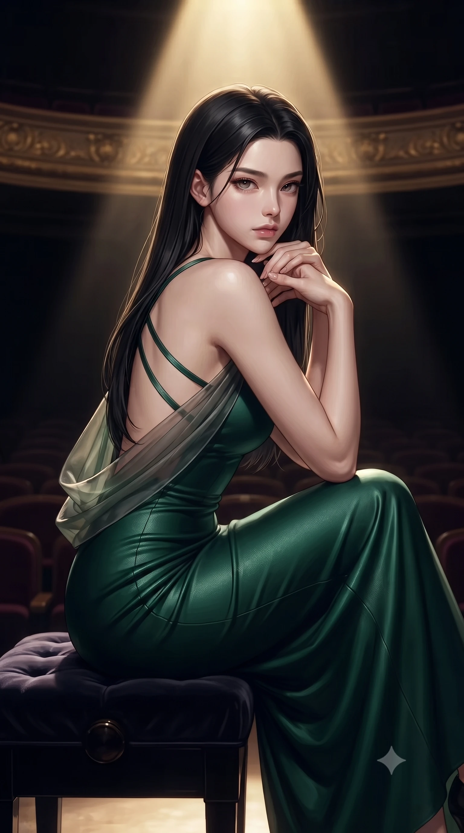score_9, masterpiece, best quality, ultra-detailed, high-budget anime keyframe, editorial fashion photography, tasteful artistic composition, Korean woman. close-up cowboy shot from the waist and thighs up, the character dominates the composition, filling the frame with her large presence, background elements kept in soft focus. Resting her chin on the backs of her fingers, casting a sharp, mysterious gaze sitting gracefully on a velvet piano bench under a majestic chandelier glow, dramatic chiaroscuro lighting isolating her form in a dark auditorium. She has an exceptionally elegant, slender, and willowy female figure with an ultra-slim waist, a gracefully sculpted slender torso, and a refined silhouette. sharp v-shaped jawline, high-bridge nose, intricate jewel-like eyes with depth, thick eyelashes, glossy lips with a natural sheen. wearing a precision-fitted liquid jersey bodycon dress with a draped back in deep emerald green and silver accent, woven from fine semi-opaque sheer organza, complemented by criss-cross back straps highlighting her bare shoulders, the form-contouring material highlighting her ultra-slim waist and long lines. bathed in a single dramatic golden spotlight with rich chiaroscuro shadows. highly saturated vibrant anime colors, detailed shading with soft gradients, rich glossy textures, high-contrast stereoscopic depth, volumetric dynamic lighting, master piece, 9:16 ratio