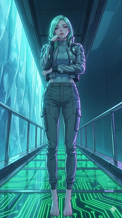 score_9, masterpiece, best quality, ultra-detailed, high-budget anime keyframe, editorial fashion photography, tasteful artistic composition, Japanese woman. low angle full-body shot from head to toe showing her feet, filling the entire 9:16 vertical
