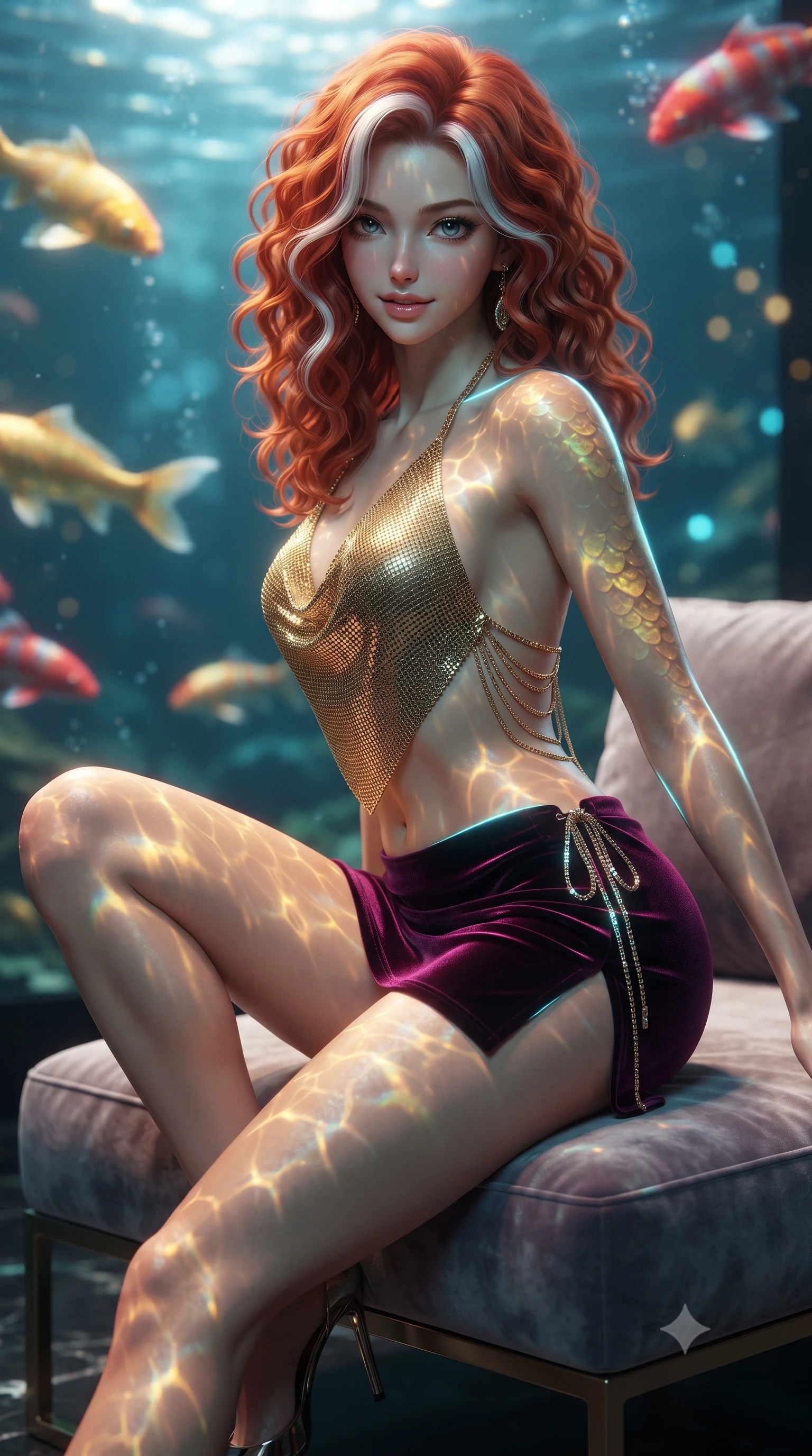 score_9, masterpiece, best quality, ultra-detailed, high-budget anime keyframe, editorial fashion photography, tasteful artistic composition, Caucasian woman. close-up cowboy shot from the waist and thighs up, the character dominates the composition, filling the frame with her large presence. perched sideways on the lounge seat, one knee drawn up to showcase her slender leg line while her arched back accentuates her feminine hip curve while twisting her slender torso in an alluring S-curve, underwater digital screen projections painting shifting golden scales across her curves. The background shows a soft-focus swimming golden and crimson holographic koi fish in clear water, black titanium pool walls, and suspended catwalks blurred into gold, cyan, and charcoal bokeh. She has an exceptionally elegant, slender, and willowy female figure with an ultra-slim waist, flat toned midriff, narrow ribcage, and sculpted feminine hips creating an alluring, slim hourglass silhouette without bulk. sharp v-shaped jawline, high-bridge nose, sparkling eyes with hypnotic seductive depth, thick curled eyelashes, glossy parted lips with a natural dewy peach sheen, alluring bedroom-eyes with an enchanting coquettish smile, exuding magnetic siren charisma and sophisticated glamour, flawlessly proportioned anatomical accuracy, strict slender model proportions, natural body alignment, perfectly sculpted long slender limbs, ultra-slim waistline, clean dynamic posture without body distortion. wearing a liquid gold chainmail cowl halter top paired with an ultra-low-rise velvet mini skirt and side rhinestone ties in wet-look onyx black with electric magenta reflections, crafted from fluid liquid silk satin that clings smoothly to every curve with a dewy sheen, accented with an open-back drape framed by falling strands of delicate gold chains, the high-slit wrap tailoring accentuating her ultra-slim waistline and the enchanting curve of her feminine hips with alluring seductive charm. illuminated by water surface caustic reflections and sharp electric-cyan rim lights defining her delicate clavicles, narrow waist, and curvy hips. ultra-reflective glossy finish, specular highlights, rich textural contrasts, high-contrast stereoscopic depth, volumetric dynamic lighting, 2k, ultra detail, master piece, 9:16 ratio