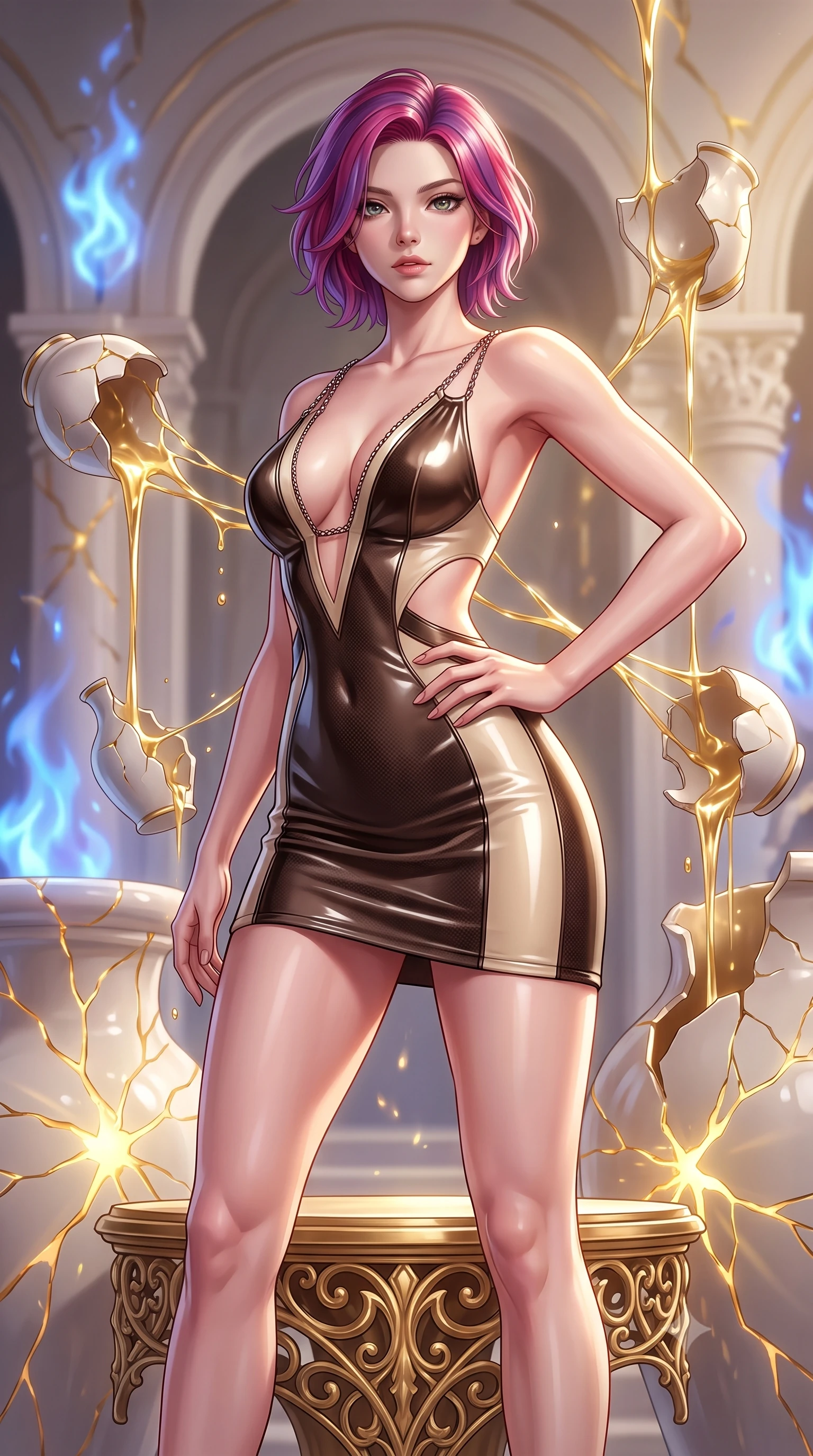 score_9, masterpiece, best quality, ultra-detailed, high-budget anime keyframe, editorial fashion photography, tasteful artistic composition, Caucasian woman. close-up cowboy shot from the waist and thighs up, the character dominates the composition, filling the frame with her large presence, background elements kept in soft focus. Holding a powerful dynamic pose with one hand on her hip and body angled dramatically toward the key light while balancing on a golden filigree altar as liquid gold streams connect suspended vase fragments, soft sapphire alchemy flames dancing around bisque porcelain architectural arches. She has an exceptionally elegant, slender, and willowy female figure with an ultra-slim waist, a gracefully sculpted slender torso, and a refined silhouette. sharp v-shaped jawline, high-bridge nose, intricate jewel-like eyes with depth, thick eyelashes, glossy lips with a natural sheen, flawlessly proportioned anatomical accuracy, natural body alignment, perfectly sculpted elegant limbs, clean dynamic posture without body distortion. wearing a liquid mercury gloss mini dress with ultra-deep V-neck and waist cutouts in espresso brown and warm cream, made of fine carbon-fiber weave and soft matte leather, adorned with delicate metallic chain straps along the neckline, the form-contouring material highlighting her ultra-slim waist and long lines. bathed in radiant golden kintsugi light radiating from ceramic cracks. highly saturated vibrant anime colors, detailed shading with soft gradients, rich glossy textures, high-contrast stereoscopic depth, volumetric dynamic lighting, master piece, 9:16 ratio
