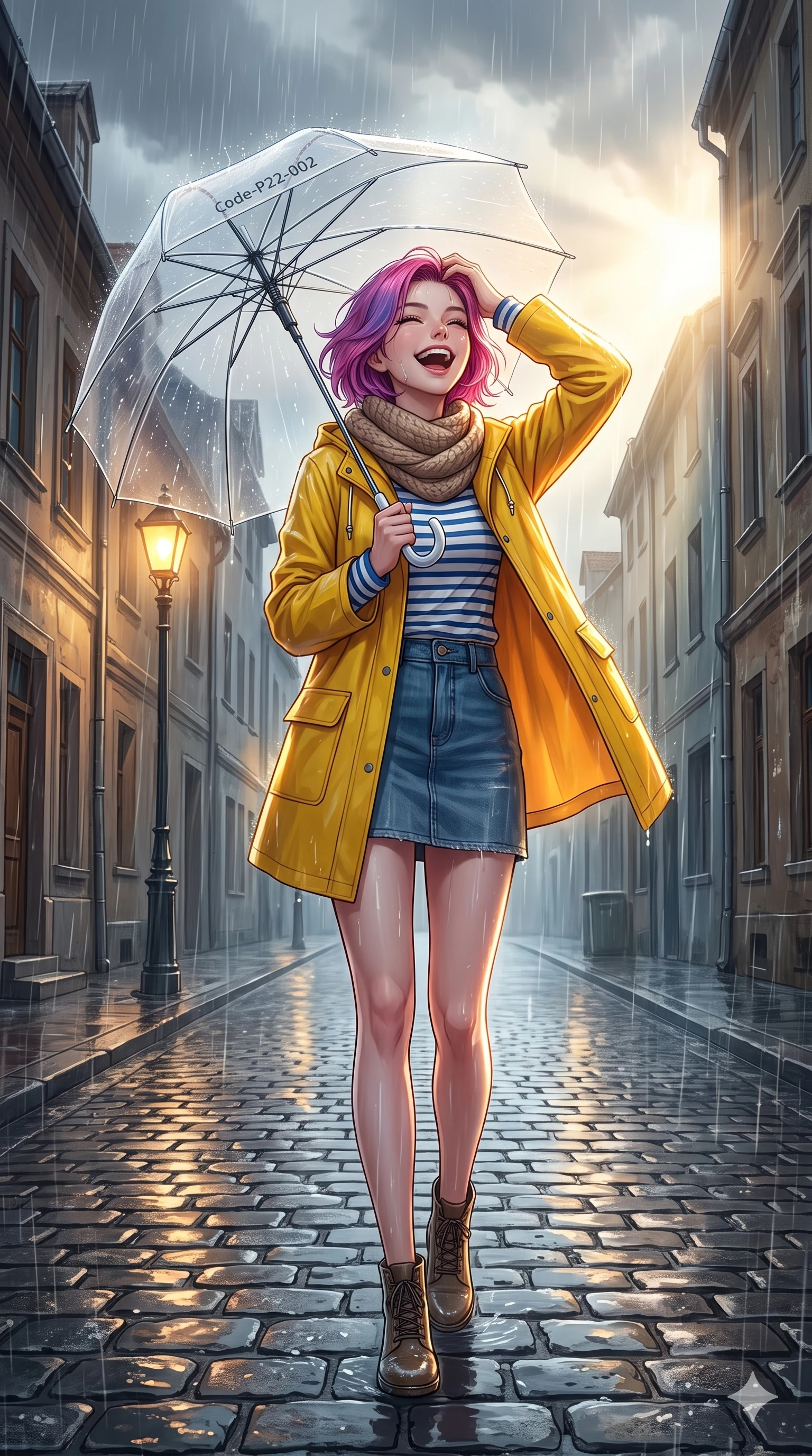 score_9, masterpiece, best quality, ultra-detailed, high-budget anime keyframe, vibrant anime aesthetic, Caucasian woman, strictly human ears. low angle full-body shot from head to toe showing her feet, filling the entire 9:16 vertical frame with her statuesque presence, stretching her vertical silhouette. She is laughing happily while running her fingers through her hair in the rain, with her eyes bright and full of life with a gentle tilt of her head. standing on a rain-slicked cobblestone street under a warm glowing gaslight, holding a clear umbrella (Code-P22-002). She has an absolutely perfect 8-heads proportion, an exceptionally tall and slender female figure with impossibly long slender legs and an ultra-slim waist. V-shaped jawline, high-bridge nose, intricate jewel-like eyes with depth, thick eyelashes, glossy lips with a natural sheen. wearing a bright yellow raincoat over a striped long-sleeve shirt and denim skirt with a knitted scarf. She is bathed in volumetric morning sunbeams piercing through rain clouds, accentuating her slender silhouette in the rainy afternoon. 2k, ultra detail, master piece, 9:16 ratio