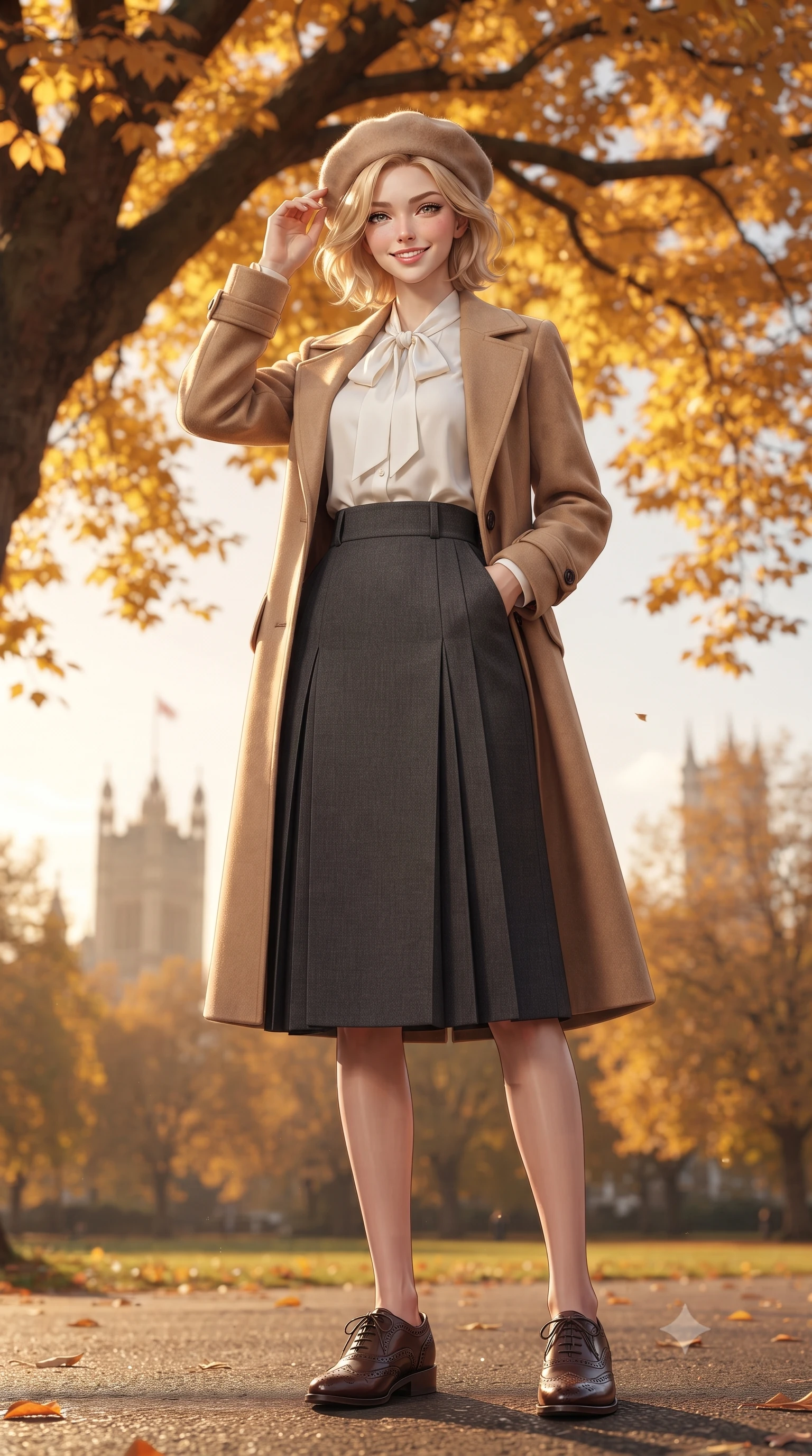 score_9, masterpiece, best quality, ultra-detailed, high-budget anime keyframe, editorial fashion photography, tasteful artistic composition, Caucasian woman. low angle full-body shot from head to toe showing her feet, filling the entire 9:16 vertical frame with her statuesque presence, stretching her vertical silhouette. standing tall and centered in the frame with hands tucked into her coat pockets, radiating statuesque poise and calm warmth while pausing beneath a monumental golden beech tree, one hand lightly holding her wool beret as an autumn breeze sweeps by. The background shows a soft-focus distant London skyline spires softened in quintessential British autumn shallow focus. She has an exceptionally tall and slender model-like 8.5-heads proportion, an ultra-slim waist, a flat toned midriff, narrow delicate ribcage, and beautifully sculpted feminine hips creating a graceful, slim hourglass silhouette without any bulky heaviness, with impossibly long slender legs. sharp v-shaped jawline, high-bridge nose, intricate jewel-like sparkling eyes with depth, thick eyelashes, glossy parted lips with a natural peach sheen, bright cheerful beaming smile with an enchanting and coquettish sensual glint, exuding both youthful cute charm and seductive allure, flawlessly proportioned anatomical accuracy, strict slender model proportions, natural body alignment, perfectly sculpted long slender limbs, ultra-slim waistline, clean dynamic posture without body distortion. wearing a fluid silk crepe pussy-bow blouse paired with a high-waisted tailored pencil midi skirt and slim leather belt in Swiss alpine snow white and oat cashmere, tailored from fine wool gabardine with crisp permanent pleats and sharp drape, complemented by classic polished leather oxfords with brogue perforations, the sharp shoulder tailoring and gently nipped waist framing her slender torso with pristine sartorial perfection. bathed in crisp low-angle late-afternoon autumn sunlight filtering through a shimmering golden leaf canopy. ultra-reflective glossy finish, specular highlights, rich textural contrasts, high-contrast stereoscopic depth, volumetric dynamic lighting, 2k, ultra detail, master piece, 9:16 ratio