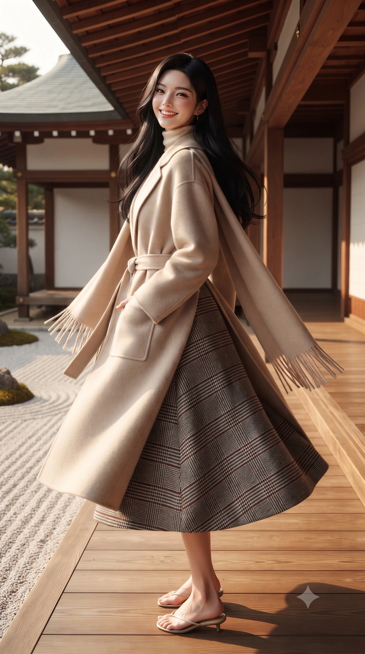 score_9, masterpiece, best quality, ultra-detailed, high-budget anime keyframe, editorial fashion photography, tasteful artistic composition, Korean woman. low angle full-body shot from head to toe showing her feet, filling the entire 9:16 vertical frame with her statuesque presence, stretching her vertical silhouette. executing an elegant pivot turn as the hem of her pleated wool skirt sways rhythmically, glancing back with joyful radiance while sitting gracefully on the polished cypress wood engawa veranda, legs turned demurely to the side, smiling with gentle Kyoto serenity. The surrounding environment is rendered in vivid detail and crisp panoramic clarity: detailed modern kimono-wrap wool coat tailoring, sash belt knot, and classical Japanese temple joinery in razor-sharp precision. She has an exceptionally tall and slender model-like 8.5-heads proportion, an ultra-slim waist, a flat toned midriff, narrow delicate ribcage, and beautifully sculpted feminine hips creating a graceful, slim hourglass silhouette without any bulky heaviness, with impossibly long slender legs. sharp v-shaped jawline, high-bridge nose, intricate jewel-like sparkling eyes with depth, thick eyelashes, glossy parted lips with a natural peach sheen, bright cheerful beaming smile with an enchanting and coquettish sensual glint, exuding both youthful cute charm and seductive allure, flawlessly proportioned anatomical accuracy, strict slender model proportions, natural body alignment, perfectly sculpted long slender limbs, ultra-slim waistline, clean dynamic posture without body distortion. wearing a luxurious longline cashmere cardigan coat with a belted waist worn over an ivory turtleneck and wool midi skirt in classic glen plaid monochrome with subtle wine red accent, woven from fine Australian merino wool with a smooth fluid drape and subtle sheen, accented with a wide brushed cashmere fringe scarf draped elegantly over one shoulder, the bespoke architectural tailoring hugging her natural waistline with sartorial precision, creating a clean graceful hourglass silhouette with tall model elegance. illuminated by white gravel garden bounce and warm vermilion-gold rim lights defining her delicate features, jawline, and graceful silhouette. ultra-reflective glossy finish, specular highlights, rich textural contrasts, high-contrast stereoscopic depth, volumetric dynamic lighting, 2k, ultra detail, master piece, 9:16 ratio