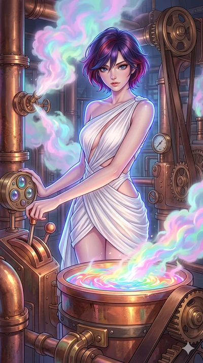 score_9, masterpiece, best quality, ultra-detailed, high-budget anime keyframe, Japanese woman. upper body close-up from the thighs up, character filling the screen for maximum presence. operating a steampunk aurora foundry surrounded by massive copp