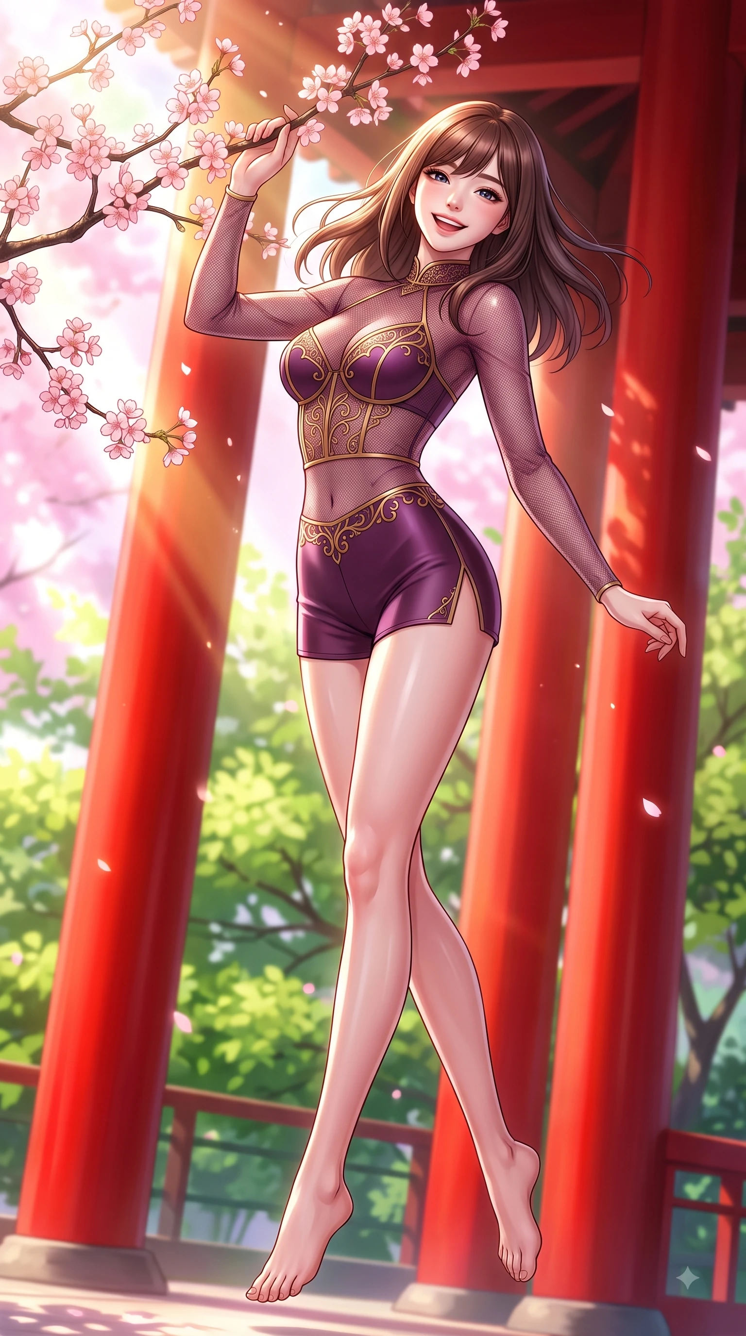 score_9, masterpiece, best quality, ultra-detailed, high-budget anime keyframe, editorial fashion photography, tasteful artistic composition, Korean woman. low angle full-body shot from head to toe showing her feet, filling the entire 9:16 vertical frame with her statuesque presence, stretching her vertical silhouette. performing a cheerful mid-air rotation with flawless poise, her radiant smile capturing pure happy energy while resting cheerfully against a blooming sakura branch as golden morning sunbeams fill the air, red vermilion pavilion columns contrasting vividly with green spring foliage. She has an absolutely perfect, statuesque 8.5-heads proportion, an exceptionally tall and slender model-like female figure with impossibly long slender legs and an ultra-slim waist. sharp v-shaped jawline, high-bridge nose, intricate jewel-like eyes with depth, thick eyelashes, glossy lips with a natural sheen, flawlessly proportioned anatomical accuracy, natural body alignment, perfectly sculpted elegant limbs, clean dynamic posture without body distortion. wearing a delicate see-through mesh top with structured cup boning and micro-shorts in plum purple and gold filigree, formed from sleek second-skin neoprene, finished with a sleek side slit ascending to mid-thigh, the form-contouring material highlighting her ultra-slim waist and long lines. illuminated by soft glowing pink ambient light and clear sky refractions. highly saturated vibrant anime colors, detailed shading with soft gradients, rich glossy textures, high-contrast stereoscopic depth, volumetric dynamic lighting, master piece, 9:16 ratio