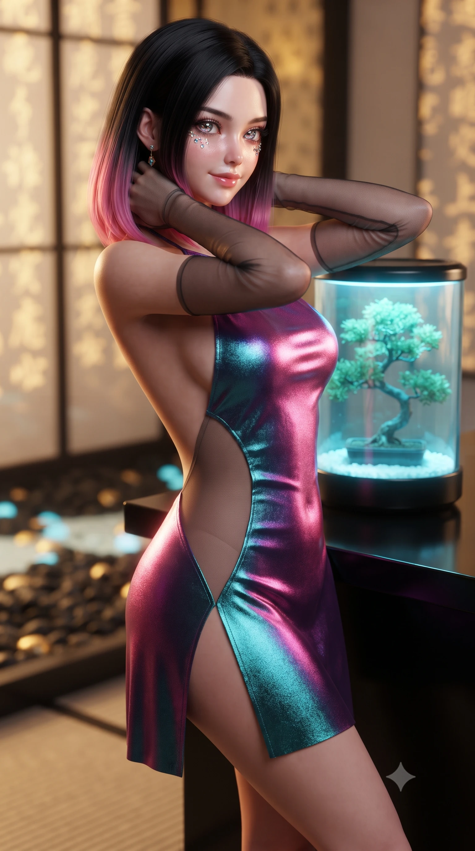 score_9, masterpiece, best quality, ultra-detailed, high-budget anime keyframe, editorial fashion photography, tasteful artistic composition, Korean woman. close-up cowboy shot from the waist and thighs up, the character dominates the composition, filling the frame with her large presence. resting both hands lightly behind her neck with elbows raised, arching her spine to highlight her narrow waist, flat midriff, and breathtaking collarbones while leaning against the black lacquered tea counter with hips cocked back, gazing through the bulletproof glass at a miniature bonsai tree bathed in cyan cryo-light with bedroom-eyes. The background shows a soft-focus golden circuitry calligraphy pulsing on translucent paper screens, glowing cyan cryo-bonsai vessel, and black pebble garden blurred into gold, cyan, and ebony bokeh. She has an exceptionally elegant, slender, and willowy female figure with an ultra-slim waist, flat toned midriff, narrow ribcage, and sculpted feminine hips creating an alluring, slim hourglass silhouette without bulk. sharp v-shaped jawline, high-bridge nose, intricate jewel-like sparkling eyes with depth, thick eyelashes, glossy parted lips with a natural peach sheen, bright cheerful beaming smile with an enchanting and coquettish sensual glint, exuding both youthful cute charm and seductive allure, flawlessly proportioned anatomical accuracy, strict slender model proportions, natural body alignment, perfectly sculpted long slender limbs, ultra-slim waistline, clean dynamic posture without body distortion. wearing an alluring backless metallic lamé combat halter mini dress with deep open back down to her lower spine and thigh-high slit in Kowloon neon magenta and electric teal, featuring strategic sheer-illusion tulle side panels framing her ribcage and hips, complemented by sheer opera-length evening gloves tracing her slender arms, the precision-cut side openings and low-back scoop framing her graceful spine and the sensual sweep of her slim, toned hips. illuminated by black tatami reflection bounce and sharp warm-gold rim lights sculpting her jawline, narrow waist, and curvy hips. ultra-reflective glossy finish, specular highlights, rich textural contrasts, high-contrast stereoscopic depth, volumetric dynamic lighting, 2k, ultra detail, master piece, 9:16 ratio