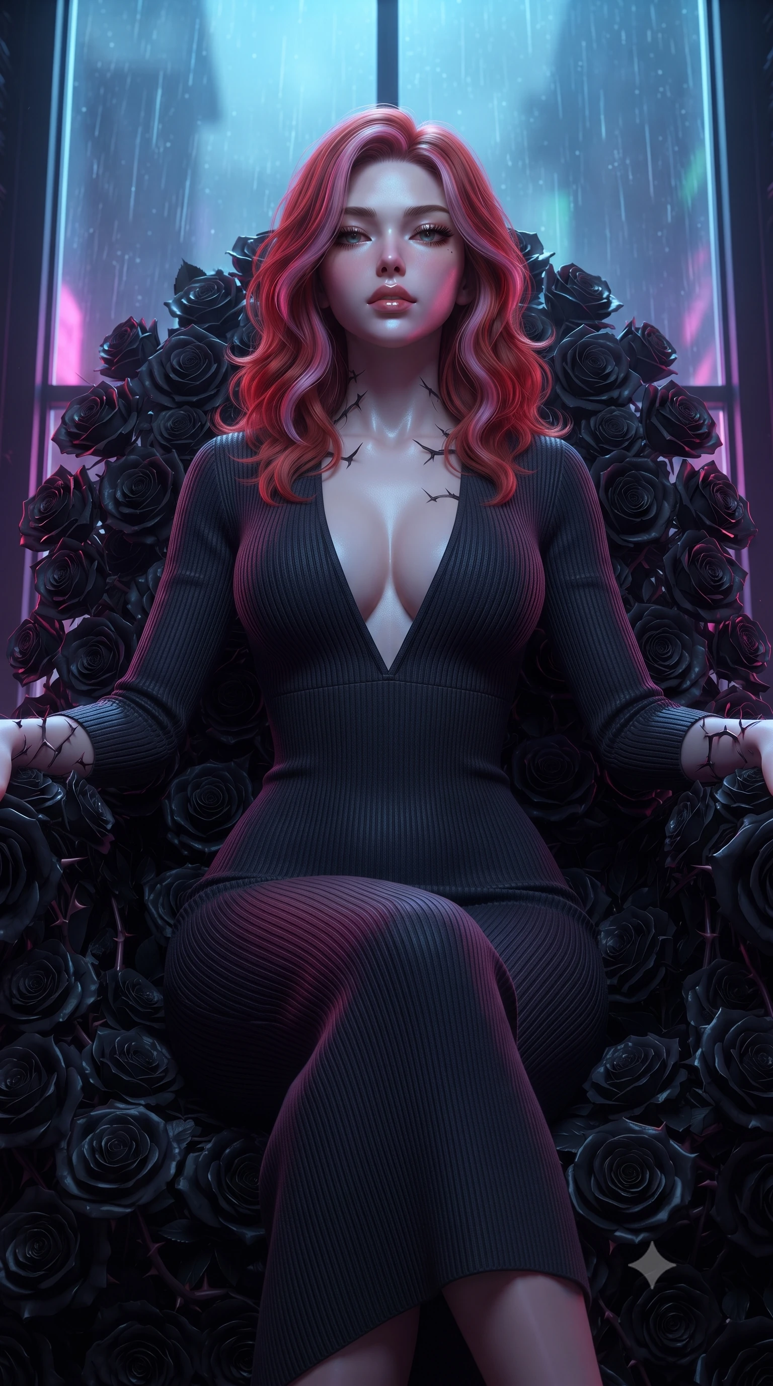 score_9, masterpiece, best quality, ultra-detailed, High-budget Anime Keyframe, editorial fashion photography, tasteful artistic composition, realistic cosplay photography, Caucasian woman, strictly human ears. Low angle cowboy shot filling the entire 9:16 frame with her statuesque presence. Scenario 323: resting on a throne of black roses, thorns grazing her skin, in a glowing neon window at twilight with soft rain falling. Her presence is magnetic and overpowering in this high-budget cinematic scene. Outfit 323: a tailored ribbed bodycon knit dangerous with a plunging V-neckline and tight-fitting silhouette. The clothing is designed to emphasize her exceptionally tall and slender 8-heads proportion. 8-heads proportion, towering silhouette, ultra-slim waist. sharp v-shaped jawline, intricate jewel-like eyes with depth, thick eyelashes, glossy lips. ultra-reflective glossy finish, specular highlights, metallic sheen, high-contrast stereoscopic depth, volumetric dynamic lighting, 2k, ultra detail, master piece, 9:16 ratio