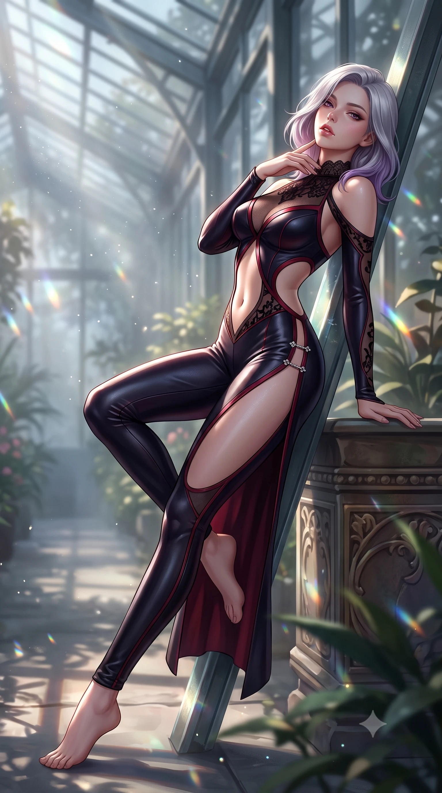 score_9, masterpiece, best quality, ultra-detailed, high-budget anime keyframe, semi-realistic 3D game render, editorial fashion photography, tasteful artistic composition, Caucasian woman. low angle full-body shot from head to toe showing her feet, filling the entire 9:16 vertical frame with her statuesque presence, stretching her vertical silhouette. reclining back languidly with one knee bent and spine arched in a breathtaking dancer line, commanding the entire 9:16 vertical frame while slipping through the misty glasshouse corridor with predatory grace, fingers lightly tracing her bare throat. The composition keeps background elements in soft focus with creamy bokeh. shimmering lunar prism refractions and floating dust motes scattering velvet light across the glasshouse. She has an absolutely perfect, statuesque 8.5-heads proportion, an exceptionally tall and slender model-like female figure with impossibly long slender legs, a toned flat midriff, and an ultra-slim waist. sharp v-shaped jawline, high-bridge nose, intricate jewel-like eyes with depth, thick eyelashes, glossy parted lips with a natural sheen, intensely captivating and seductive expression, flawlessly proportioned anatomical accuracy, strict slender model proportions, natural body alignment, perfectly sculpted long slender limbs, ultra-slim waistline, clean dynamic posture without body distortion. wearing a second-skin midnight leather catsuit featuring an open back and delicate lace-patterned collar in midnight obsidian black and blood crimson, made of sheer contouring mesh with velvet flocking patterns, finished with an ultra-high side slit secured by miniature jeweled clasps, the precision-cut daring openings accentuating her delicate midriff, graceful bare collarbones, and ultra-slim feminine waistline. illuminated by dramatic chiaroscuro key light sharply carving her slender waist, bare collarbones, and jawline. highly saturated vibrant anime colors, detailed shading with soft gradients, rich glossy textures, high-contrast stereoscopic depth, volumetric dynamic lighting, master piece, 9:16 ratio