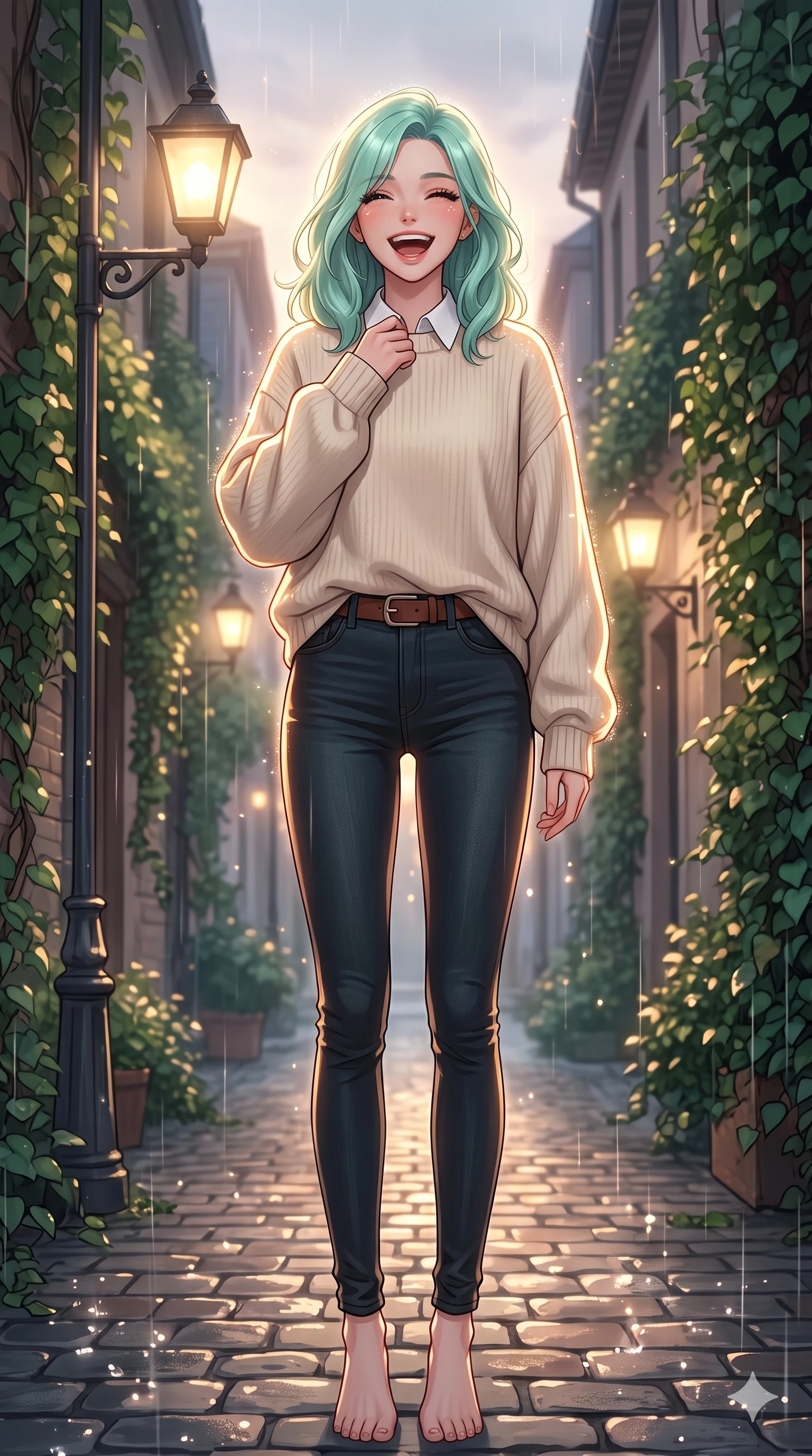 score_9, masterpiece, best quality, ultra-detailed, high-budget anime keyframe, vibrant anime aesthetic, Japanese woman. low angle full-body shot from head to toe showing her feet, filling the entire 9:16 vertical frame with her statuesque presence, stretching her vertical silhouette. She is laughing cheerfully while adjusting her collar in the soft drizzle, with a warm and inviting look with a gentle tilt of her head. by a quiet alleyway entrance lined with lush green climbing vines and glowing streetlamps in the twilight rain (Code-P22-019). She has an absolutely perfect 8-heads proportion, an exceptionally tall and slender female figure with impossibly long slender legs and an ultra-slim waist. V-shaped jawline, high-bridge nose, intricate jewel-like eyes with depth, thick eyelashes, glossy lips with a natural sheen. wearing an oversized warm sweater over a collared shirt and skinny jeans with an elegant leather belt. She is lit by sparkling rain droplets reflecting the morning sun, creating a glowing halo, tracing the elegant lines of her shoulders in the rainy afternoon. 2k, ultra detail, master piece, 9:16 ratio