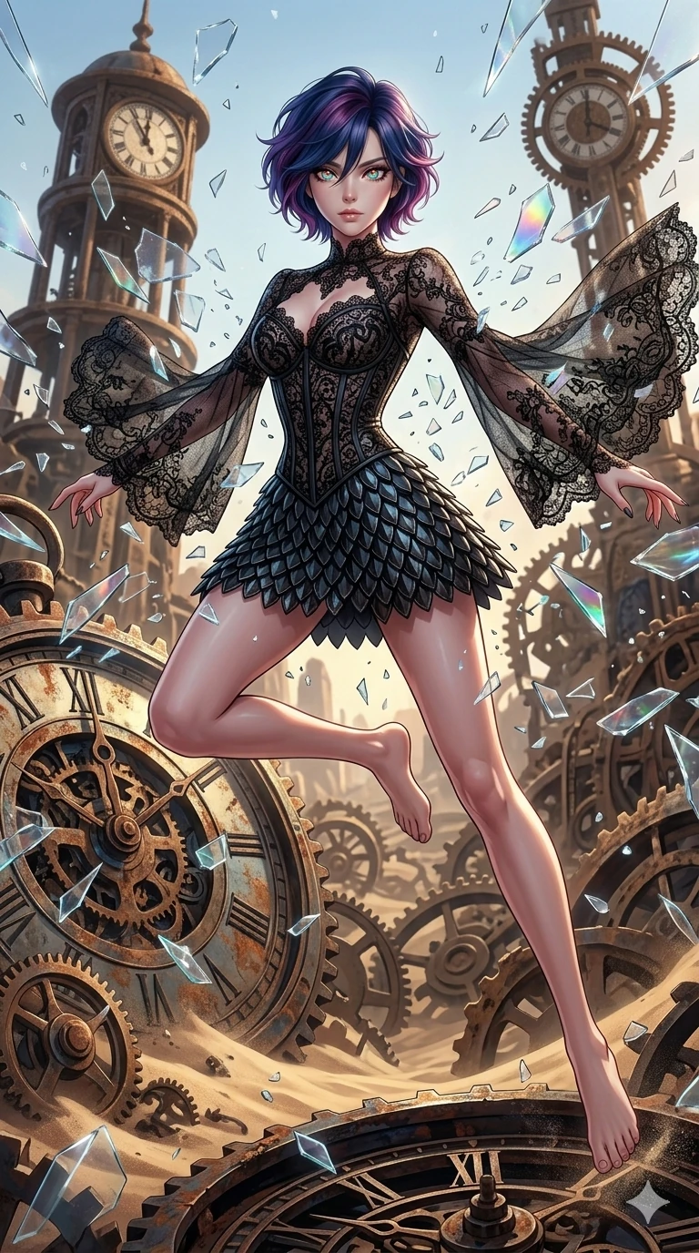 score_9, masterpiece, best quality, ultra-detailed, Set A: High-budget Anime Keyframe, Korean woman. Low angle cowboy shot filling the entire 9:16 frame with her statuesque presence. Sprinting through a burning rose garden, as the ground beneath her turns into 131 shards of light and surrounded by shattered glass fragments. She has an absolutely perfect 8-heads proportion, an exceptionally tall and slender female figure with impossibly long slender legs and an ultra-slim waist. Sharp v-shaped jawline, high-bridge nose, intricate jewel-like eyes with depth, thick eyelashes, glossy lips with a natural sheen. Wearing Sheer corset top with high-waist tech-denim and heavy platform combat boots. Cinematic lighting, vibrant colors, dramatic shadows, 2k, ultra detail, master piece, 9:16 ratio