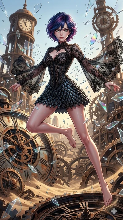 score_9, masterpiece, best quality, ultra-detailed, Set A: High-budget Anime Keyframe, Korean woman. Low angle cowboy shot filling the entire 9:16 frame with her statuesque presence. Sprinting through a burning rose garden, as the ground beneath her 