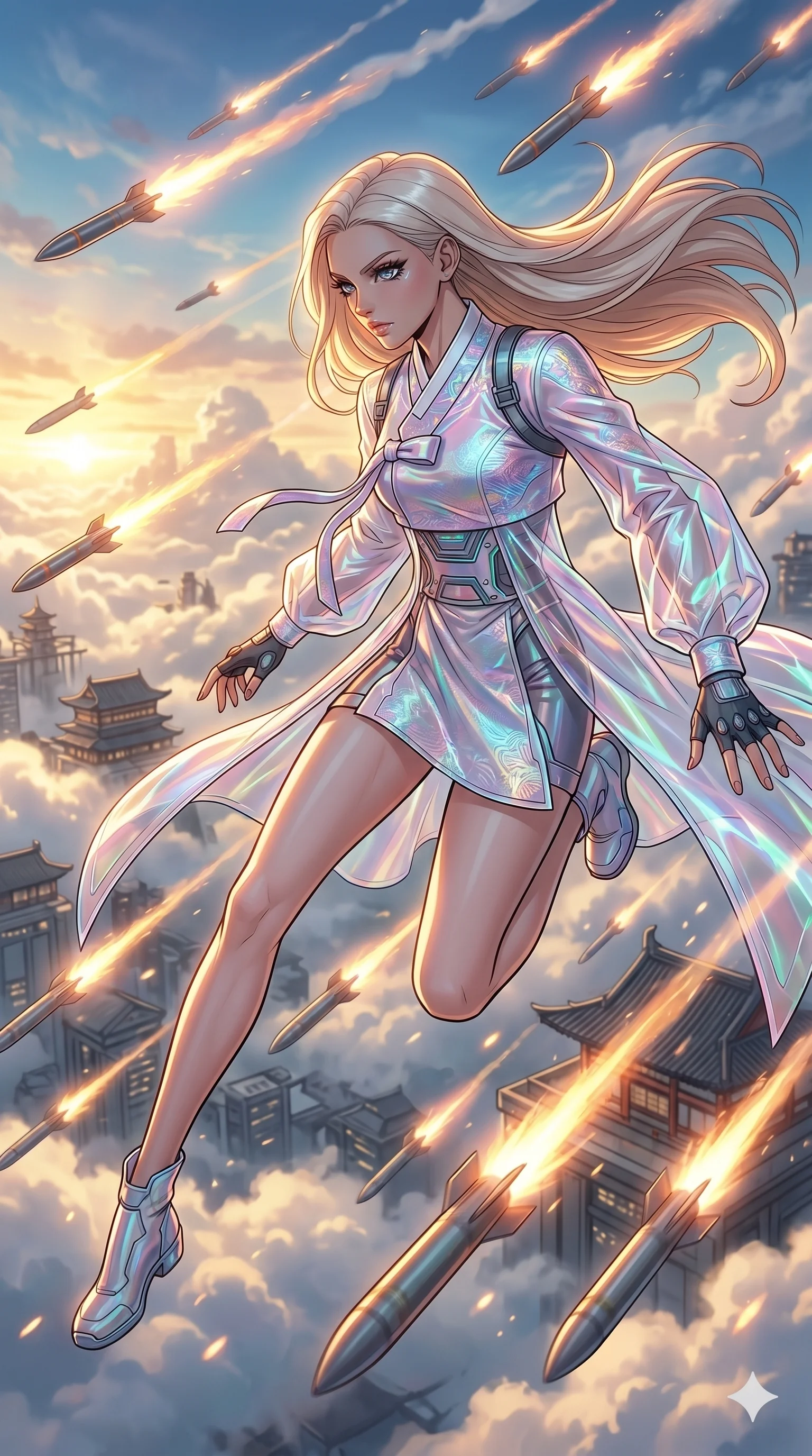 score_9, masterpiece, best quality, ultra-detailed, high-budget anime movie keyframe, cinematic anime lighting, intricate line art, Japanese woman. Low angle cowboy shot capturing a powerful motion and statuesque presence. dodging a barrage of glowing missiles while soaring through a cloud city. She has an absolutely perfect 8-heads proportion, an exceptionally tall and slender female figure with an ultra-slim waist and impossibly long slender legs. strictly human anatomy, two legs only, no extra limbs, clearly defined legs and arms, perfect anatomy, perfect hands and fingers. sharp v-shaped jawline, high-bridge nose, intricate jewel-like eyes, thick eyelashes, glossy lips. Wearing Modern Traditional: Shortened cyber-hanbok with fusion silk robes and transparent panels. The scene is illuminated by dramatic atmospheric lighting and vibrant color palettes. , 2k, ultra detail, master piece, 9:16 ratio