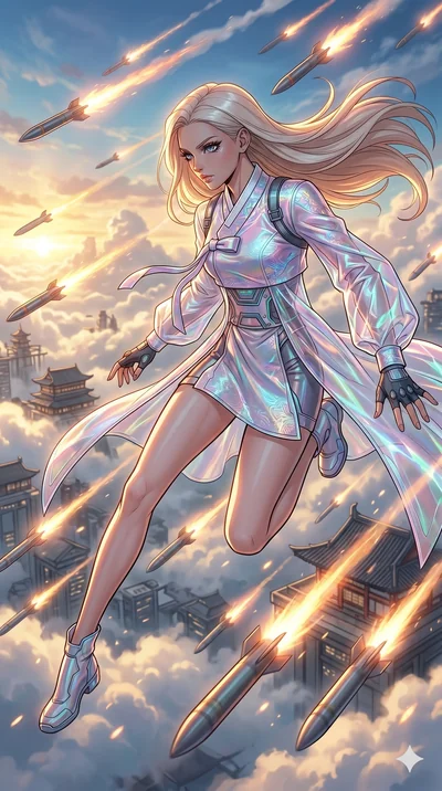 score_9, masterpiece, best quality, ultra-detailed, high-budget anime movie keyframe, cinematic anime lighting, intricate line art, Japanese woman. Low angle cowboy shot capturing a powerful motion and statuesque presence. dodging a barrage of glowin