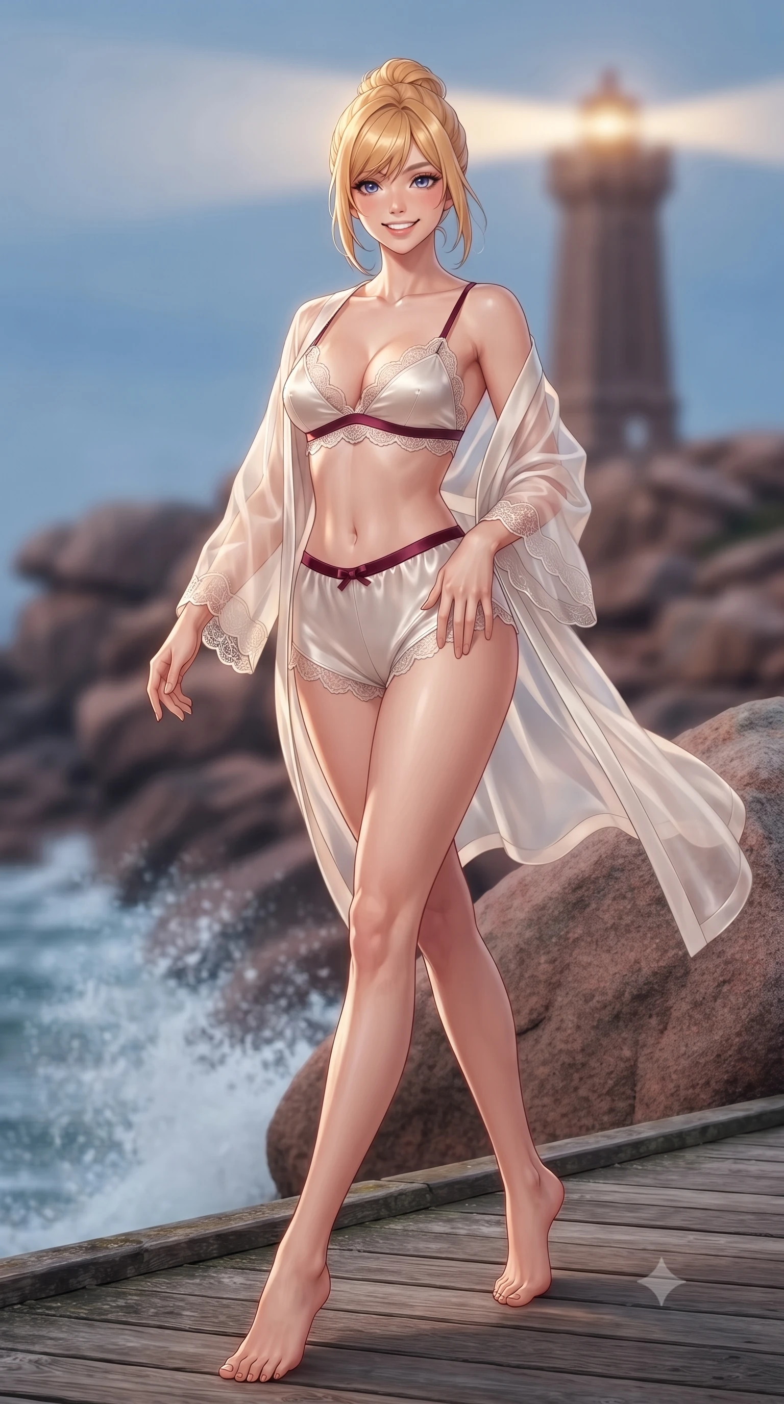 score_9, masterpiece, best quality, ultra-detailed, high-budget anime keyframe, editorial fashion photography, tasteful artistic composition, Caucasian woman. low angle full-body shot from head to toe showing her feet, filling the entire 9:16 vertical frame with her statuesque presence, stretching her vertical silhouette. stepping forward in a confident stride, her long slender legs and curvaceous hips creating a dynamic, sweeping vertical line while standing poised on the timber observation deck beside the colossal natural pink granite boulders, arching her spine with siren allure as ocean waves crash below. The background shows a soft-focus sweeping golden beacon beam of the historic lighthouse, foaming Atlantic ocean breakers, and pink granite rock formations blurred into rose gold, cyan, and navy bokeh. She has an exceptionally tall and slender model-like 8.5-heads proportion, an ultra-slim waist, a flat toned midriff, narrow delicate ribcage, and beautifully sculpted feminine hips creating a graceful, slim hourglass silhouette without any bulky heaviness, with impossibly long slender legs. sharp v-shaped jawline, high-bridge nose, intricate jewel-like sparkling eyes with depth, thick eyelashes, glossy parted lips with a natural peach sheen, bright cheerful beaming smile with an enchanting and coquettish sensual glint, exuding both youthful cute charm and seductive allure, flawlessly proportioned anatomical accuracy, strict slender model proportions, natural body alignment, perfectly sculpted long slender limbs, ultra-slim waistline, clean dynamic posture without body distortion. wearing a sheer silk organza modern caftan robe worn loose and slipping off bare shoulders over a matching satin bralette and micro-shorts in Belvedere ivory pearl and Habsburg bordeaux wine, crafted from fluid liquid silk satin that clings smoothly to her narrow waist and rounded hips with a dewy sheen, finished with scalloped eyelash lace trim framing her sweetheart neckline with intimate elegance, the liquid-tight tailored fabric clinging flawlessly to her narrow waist and rounded feminine hips, emphasizing every millimeter of her sculpted slim hourglass curves without any bulky heaviness. illuminated by wet rock specular reflections and sharp rose-platinum rim lights defining her dewy collarbones, ultra-slim waist, and curvy hips. ultra-reflective glossy finish, specular highlights, rich textural contrasts, high-contrast stereoscopic depth, volumetric dynamic lighting, 2k, ultra detail, master piece, 9:16 ratio