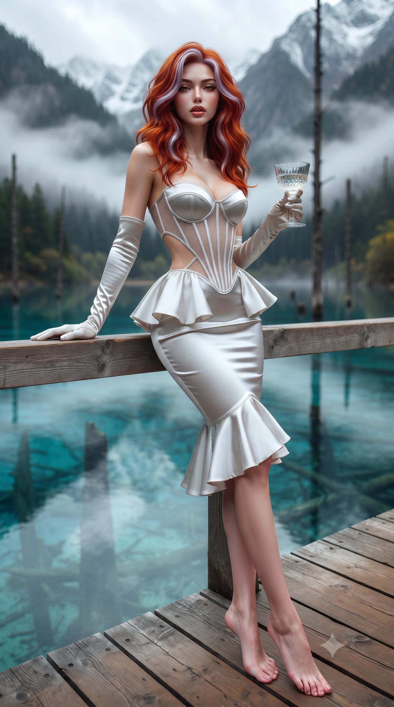 score_9, masterpiece, best quality, ultra-detailed, high-budget anime keyframe, editorial fashion photography, tasteful artistic composition, Caucasian woman. low angle full-body shot from head to toe showing her feet, filling the entire 9:16 vertical frame with her statuesque presence, stretching her vertical silhouette. sitting perched on the elevated edge with hips angled toward the camera and legs crossed, displaying her toned midriff and flawlessly sculpted slender limbs while standing on the wooden lake viewing pier, arching her back as ancient submerged tree trunks lie crystal-clear through multi-hued cyan waters. The composition keeps background elements in soft focus with creamy bokeh. rising morning mist ribbons and snow-dusted Tibetan peaks softened in mystical shallow focus. She has an exceptionally tall and slender model-like 8.5-heads proportion, an ultra-slim waist, a flat toned midriff, narrow delicate ribcage, and beautifully sculpted feminine hips creating a graceful, slim hourglass silhouette without any bulky heaviness, with impossibly long slender legs. sharp v-shaped jawline, high-bridge nose, intricate jewel-like eyes with depth, thick eyelashes, glossy parted lips with a natural sheen, intensely captivating and seductive bedroom-eyes expression, flawlessly proportioned anatomical accuracy, strict slender model proportions, natural body alignment, perfectly sculpted long slender limbs, ultra-slim waistline, clean dynamic posture without body distortion. wearing a modern peplum corset dress with side-waist diamond cutouts and an ultra-tight silhouette in shimmering silver mercury and pearl white, made of fluid silk crepe with delicate inner corsetry boning, accessorized with opera-length satin gloves and a vintage crystal glass, the form-contouring material adhering flawlessly to her sculpted flat midriff and slender torso, emphasizing her long leg lines and perfectly proportioned willowy build. illuminated by luminous turquoise lake surface reflections accentuating her sculpted midriff, narrow waist, and curvy hips. ultra-reflective glossy finish, specular highlights, rich textural contrasts, high-contrast stereoscopic depth, volumetric dynamic lighting, 2k, ultra detail, master piece, 9:16 ratio