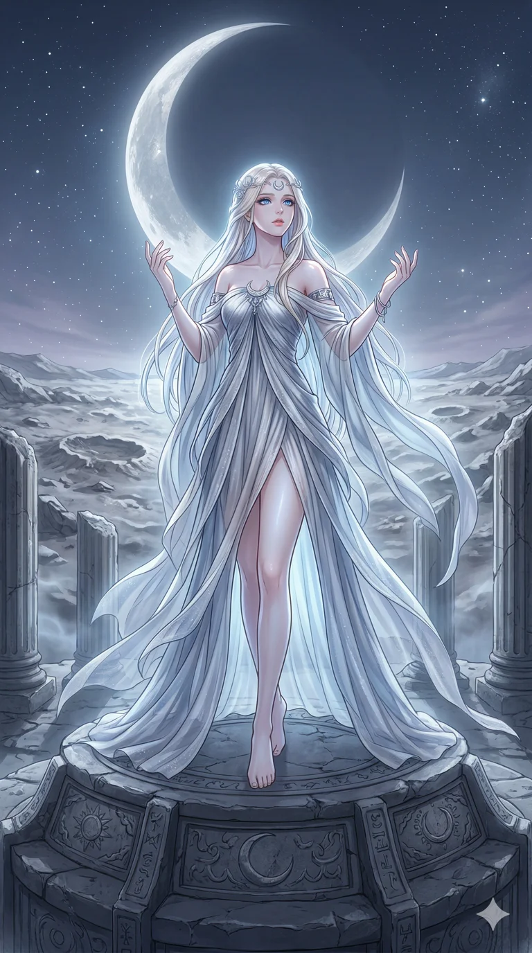 score_9, masterpiece, best quality, ultra-detailed, semi-realistic high-budget anime keyframe, an incredibly beautiful ethereal Caucasian woman with flawless pale skin (strictly human ears). Dynamic full-body shot stretching vertically. She is a goddess of the silver moon at an ancient altar. She has an absolutely perfect 8-heads proportion, a towering female figure with long slender legs and a delicate skinny body. Her face is a masterpiece with platinum blonde hair and sapphire eyes. She is wearing an off-shoulder sheer fabric robe, highlighting her alluring silhouette. Soft moonlight and cratered landscape, dramatic rim lighting, radiant glowing skin, 2k, ultra detail, master piece, 9:16 ratio