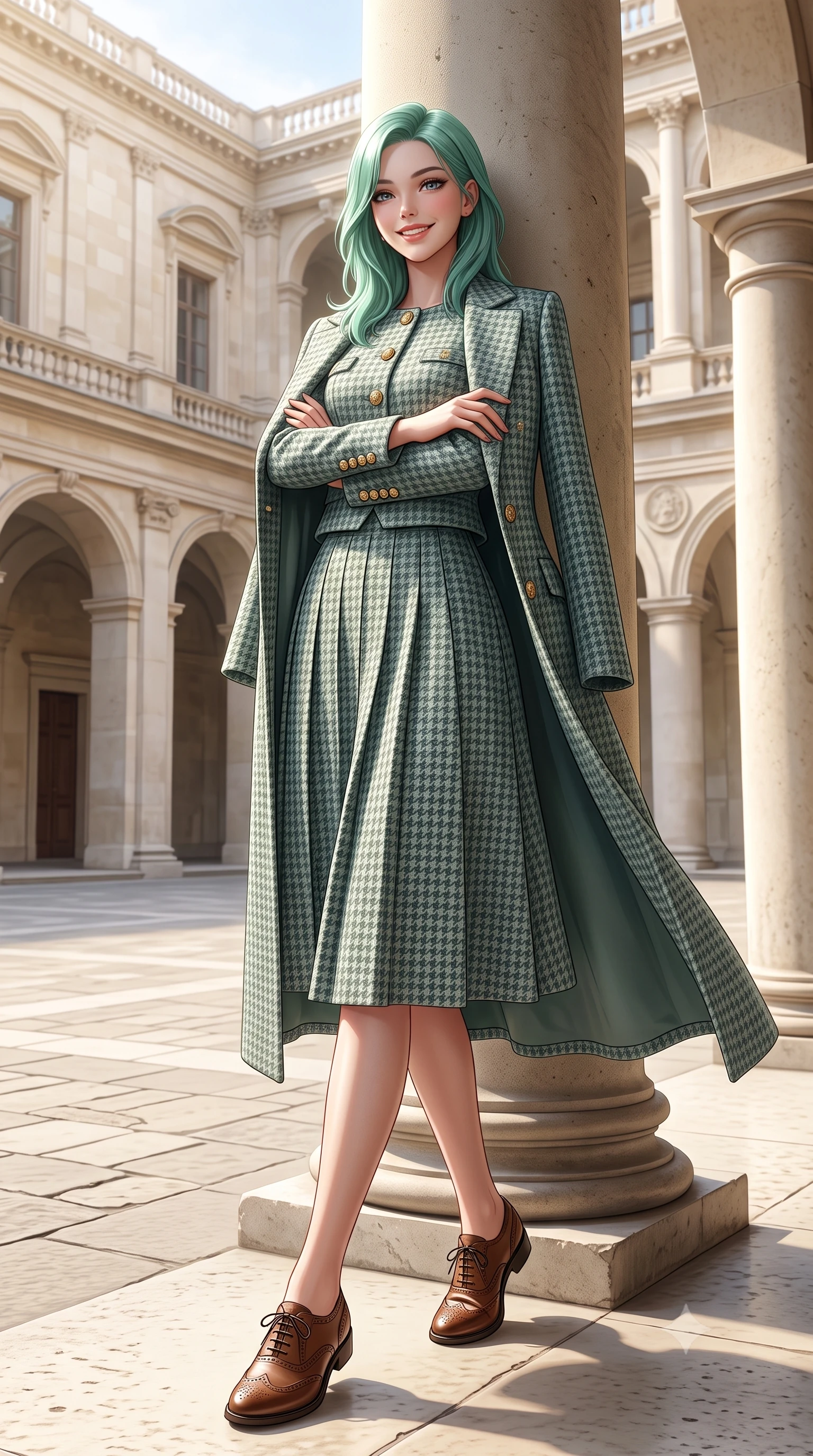 score_9, masterpiece, best quality, ultra-detailed, high-budget anime keyframe, semi-realistic 3D game render, editorial fashion photography, tasteful artistic composition, Japanese woman. low angle full-body shot from head to toe showing her feet, filling the entire 9:16 vertical frame with her statuesque presence, stretching her vertical silhouette. leaning lightly against the sunlit architectural column with arms crossed loosely, flashing a warm, confident smile while stepping gracefully across the vast limestone courtyard floor, her long tailored coat flowing with statuesque elegance. The surrounding environment is rendered in vivid detail and crisp panoramic clarity: detailed houndstooth tweed jacket weave, gold embossed coin buttons, and monumental British architecture in high resolution. She has an exceptionally tall and slender model-like 8.5-heads proportion, an ultra-slim waist, a flat toned midriff, narrow delicate ribcage, and beautifully sculpted feminine hips creating a graceful, slim hourglass silhouette without any bulky heaviness, with impossibly long slender legs. sharp v-shaped jawline, high-bridge nose, intricate jewel-like sparkling eyes with depth, thick eyelashes, glossy parted lips with a natural peach sheen, bright cheerful beaming smile with an enchanting and coquettish sensual glint, exuding both youthful cute charm and seductive allure, flawlessly proportioned anatomical accuracy, strict slender model proportions, natural body alignment, perfectly sculpted long slender limbs, ultra-slim waistline, clean dynamic posture without body distortion. wearing a structured houndstooth tweed jacket with gold embossed buttons and a matching pleated A-line midi skirt in misty Arashiyama bamboo green and slate grey, made of crisp Egyptian cotton poplin with pristine tailored pressing, complemented by classic polished leather oxfords with brogue perforations, the precision-cut high-waisted tailoring accentuating her ultra-slim waist and long slender leg line with immaculate aristocratic poise. illuminated by pale stone reflection bounce and sharp platinum rim lights sculpting her jawline, narrow waist, and statuesque proportions. highly saturated vibrant anime colors, detailed shading with soft gradients, rich glossy textures, high-contrast stereoscopic depth, volumetric dynamic lighting, master piece, 9:16 ratio