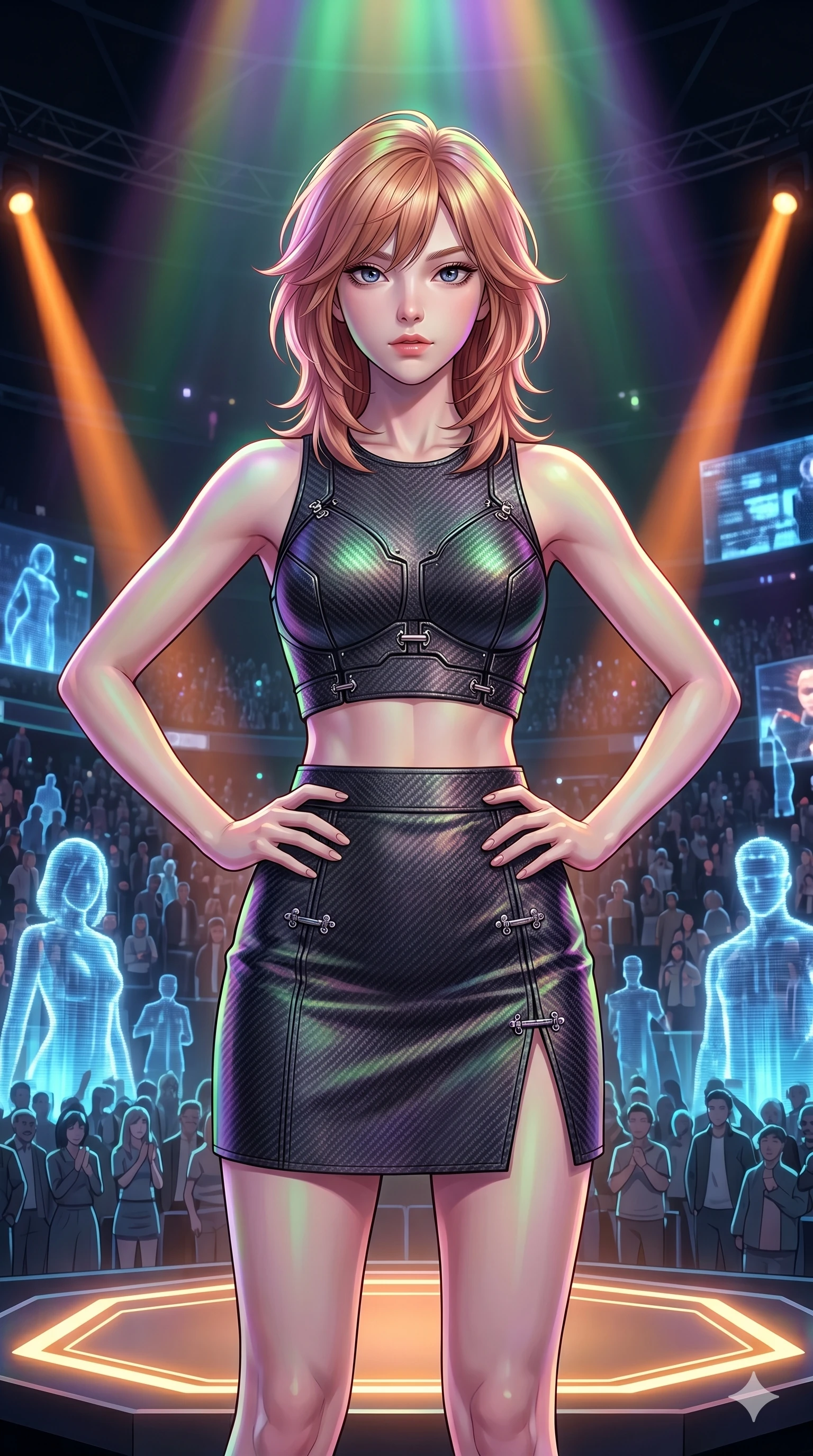 score_9, masterpiece, best quality, ultra-detailed, high-budget anime keyframe, editorial fashion photography, tasteful artistic composition, Korean woman. cowboy shot from the thighs up, character and outfit filling the frame for maximum editorial presence. Resting both hands on her hips, her posture open and dominant, commanding the frame within a digital arena surrounded by giant holographic spectators and orange spotlights. She has an absolutely perfect 8-heads proportion, an exceptionally tall and slender female figure with impossibly long slender legs and an ultra-slim waist. V-shaped jawline, high-bridge nose, intricate jewel-like eyes with depth, thick eyelashes, glossy lips with a natural sheen. wearing a structured crop top made of matte carbon fiber plates and a matching high-waist split-hem skirt. illuminated by a shifting aurora palette of green, violet, and gold from above, wrapping her in color. 2k, ultra detail, master piece, 9:16 ratio