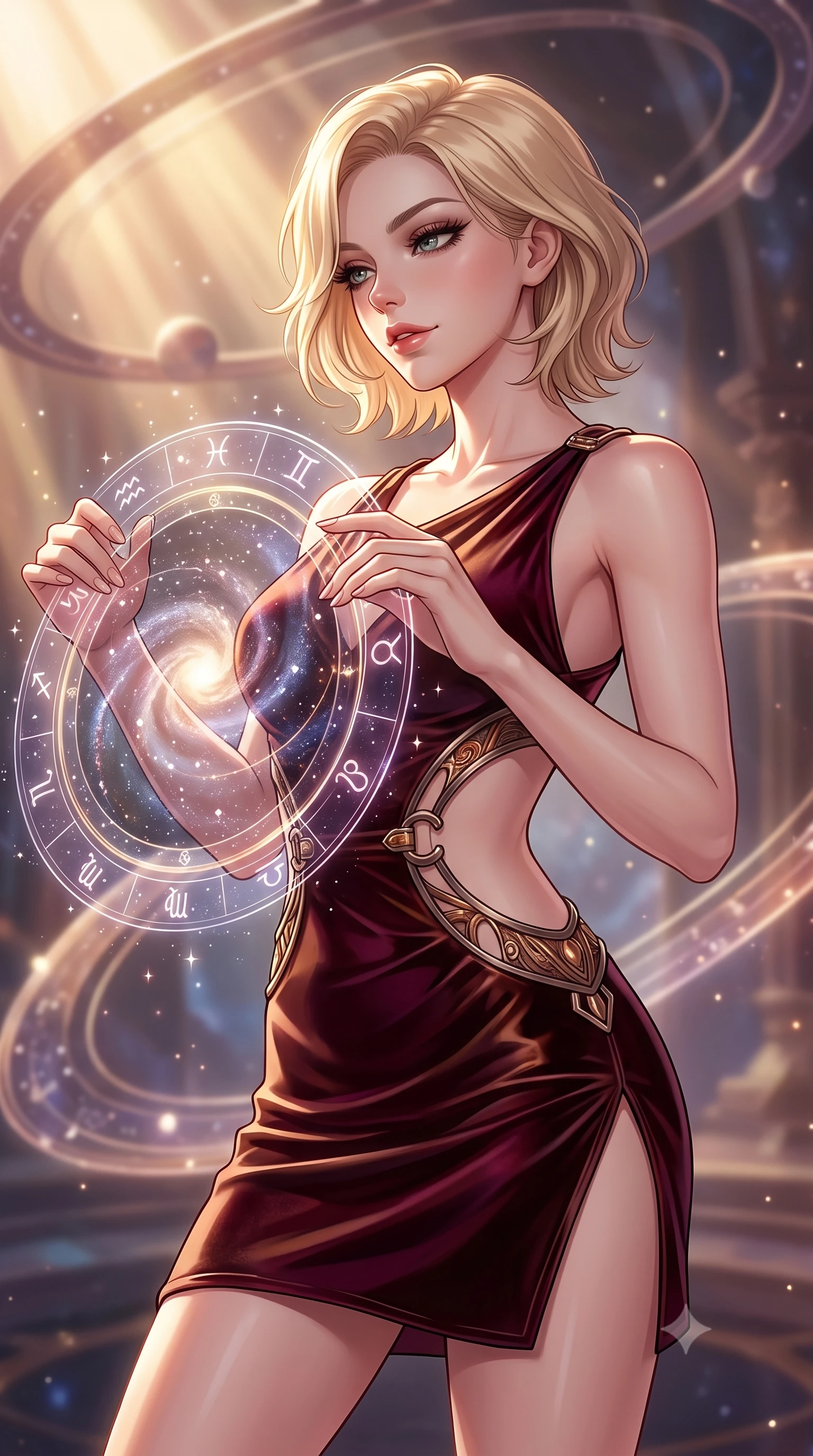 score_9, masterpiece, best quality, ultra-detailed, high-budget anime keyframe, editorial fashion photography, tasteful artistic composition, Caucasian woman. close-up cowboy shot from the waist and thighs up, the character dominates the composition, filling the frame with her large presence, background elements kept in soft focus. Glancing sidelong over her shoulder with a smoldering half-smile and heavy lashes adjusting a luminous planetary orbital dial filled with galaxy dust, translucent zodiac glyphs orbiting around her delicate hands. She has an exceptionally elegant, slender, and willowy female figure with an ultra-slim waist, a gracefully sculpted slender torso, and a refined silhouette. sharp v-shaped jawline, high-bridge nose, intricate jewel-like eyes with depth, thick eyelashes, glossy lips with a natural sheen. wearing a dramatic open-waist cutout mini dress framed by sculptural hardware in deep burgundy and bronze, made of premium stretch velvet with a rich sheen, finished with a sleek side slit ascending to mid-thigh, the elegant draped fit framing her graceful clavicle and slender torso. bathed in warm sunbursts filtering through floating orbital rings. highly saturated vibrant anime colors, detailed shading with soft gradients, rich glossy textures, high-contrast stereoscopic depth, volumetric dynamic lighting, master piece, 9:16 ratio