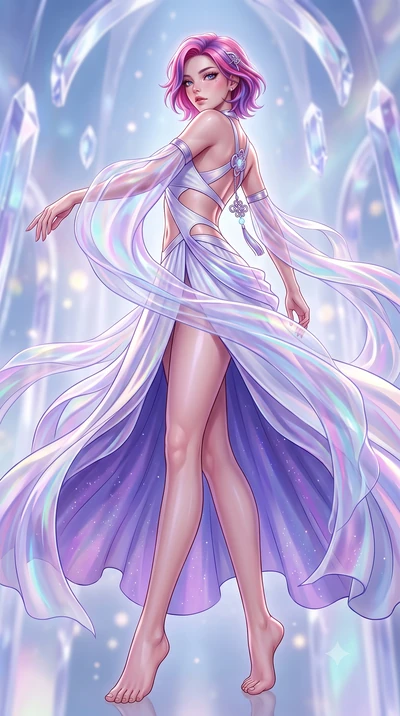 score_9, masterpiece, best quality, ultra-detailed, high-budget anime keyframe, semi-realistic 3D game render, editorial fashion photography, tasteful artistic composition, Caucasian woman. low angle full-body shot from head to toe showing her feet, 