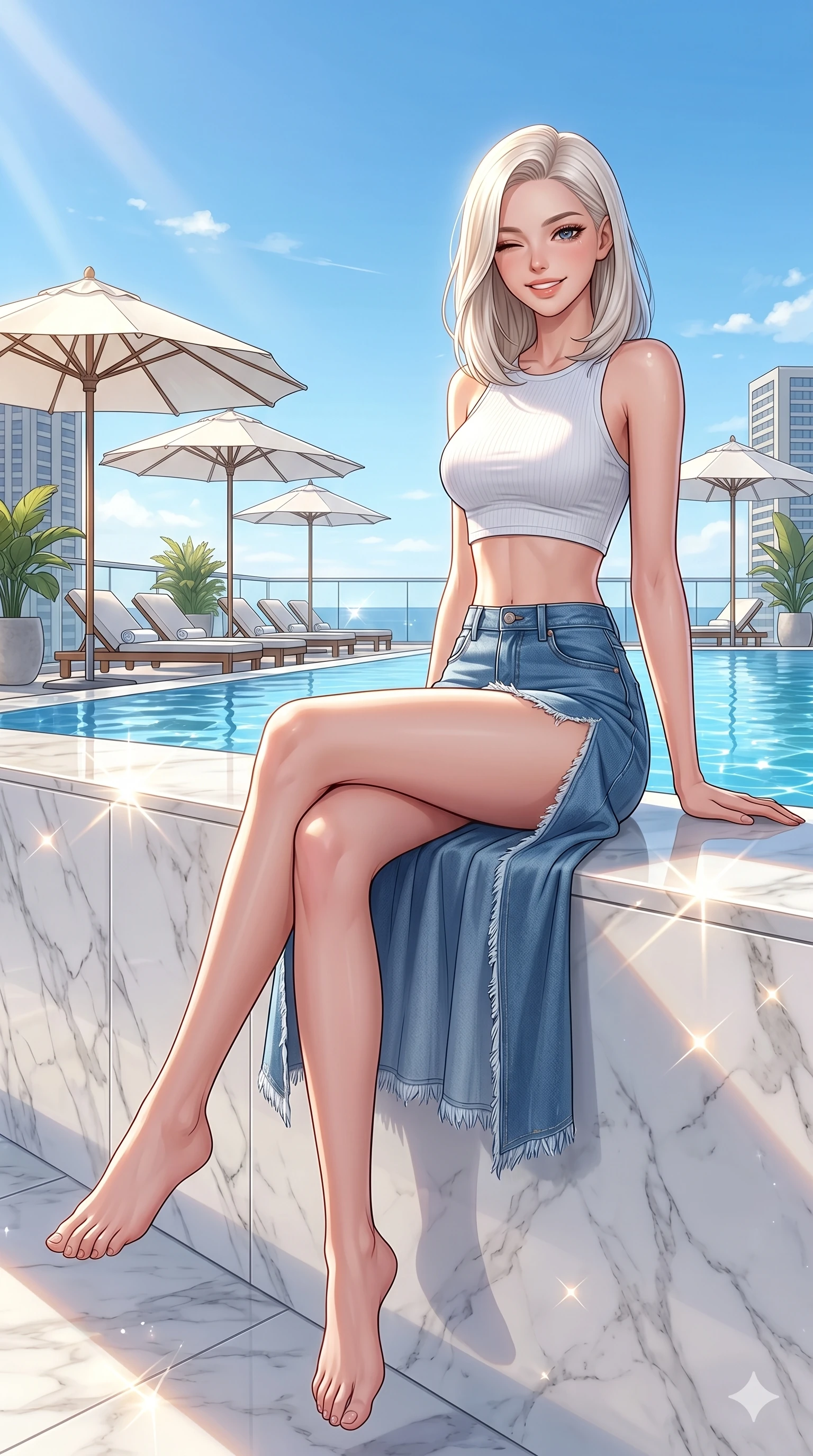 score_9, masterpiece, best quality, ultra-detailed, high-budget anime keyframe, vibrant anime aesthetic, Caucasian woman, strictly human ears. low angle full-body shot from head to toe showing her feet, filling the entire 9:16 vertical frame with her statuesque presence, stretching her vertical silhouette. She is sitting on a marble ledge, winking and smiling cheerfully at the viewer on a sunny rooftop pool lounge with white umbrellas (Code-P20-044). She has an absolutely perfect 8-heads proportion, an exceptionally tall and slender female figure with impossibly long slender legs and an ultra-slim waist. V-shaped jawline, high-bridge nose, intricate jewel-like eyes with depth, thick eyelashes, glossy lips with a natural sheen. wearing a crop top with an exposed midriff and a high-slit denim skirt. She is illuminated by direct, sparkling sunbeams reflecting off the polished marble floor. 2k, ultra detail, master piece, 9:16 ratio