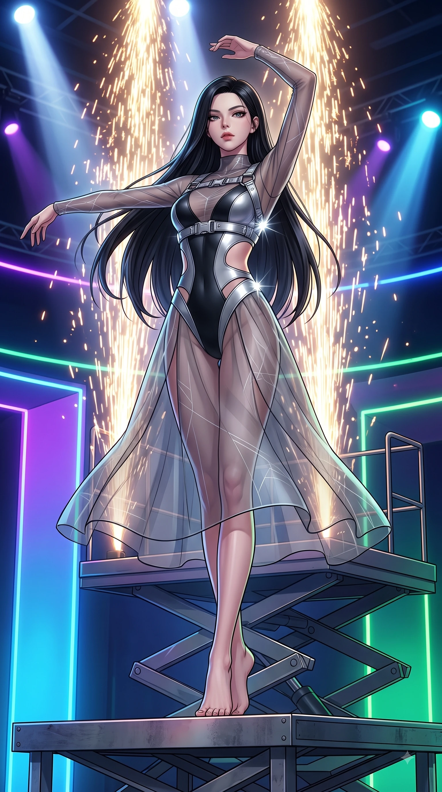score_9, masterpiece, best quality, ultra-detailed, high-budget anime keyframe, editorial fashion photography, tasteful artistic composition, Korean woman. low angle full-body shot from head to toe showing her feet, filling the entire 9:16 vertical frame with her statuesque presence, stretching her vertical silhouette. performing an athletic mid-air rotation with flawless poise, her vertical silhouette beautifully stretched while poised on a hydraulic lift platform as golden pyrotechnic sparks rain down behind her, metallic harness accents and chrome buckles catching sharp specular sunbursts. She has an absolutely perfect, statuesque 8.5-heads proportion, an exceptionally tall and slender model-like female figure with impossibly long slender legs and an ultra-slim waist. sharp v-shaped jawline, high-bridge nose, intricate jewel-like eyes with depth, thick eyelashes, glossy lips with a natural sheen, flawlessly proportioned anatomical accuracy, natural body alignment, perfectly sculpted elegant limbs, clean dynamic posture without body distortion. wearing a semi-opaque sheer overlay dress over a leather micro-bodysuit in matte black and polished silver, formed from sleek second-skin neoprene, featuring clean architectural cutouts along her slender torso, the sleek second-skin texture accentuating her magnetic presence. bathed in intense volumetric stage spotlights and vivid neon rim lights. highly saturated vibrant anime colors, detailed shading with soft gradients, rich glossy textures, high-contrast stereoscopic depth, volumetric dynamic lighting, master piece, 9:16 ratio