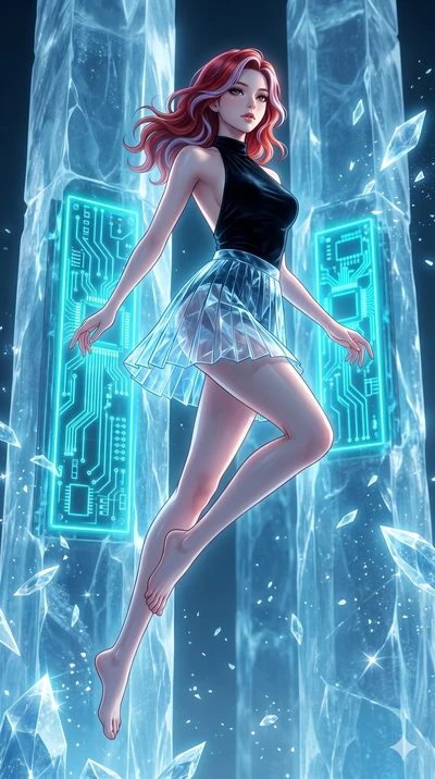 score_9, masterpiece, best quality, ultra-detailed, high-budget anime keyframe, Korean woman. low angle full-body shot filling the entire 9:16 frame with her statuesque presence, stretching the vertical silhouette. leaping inside a sub-zero cyberneti